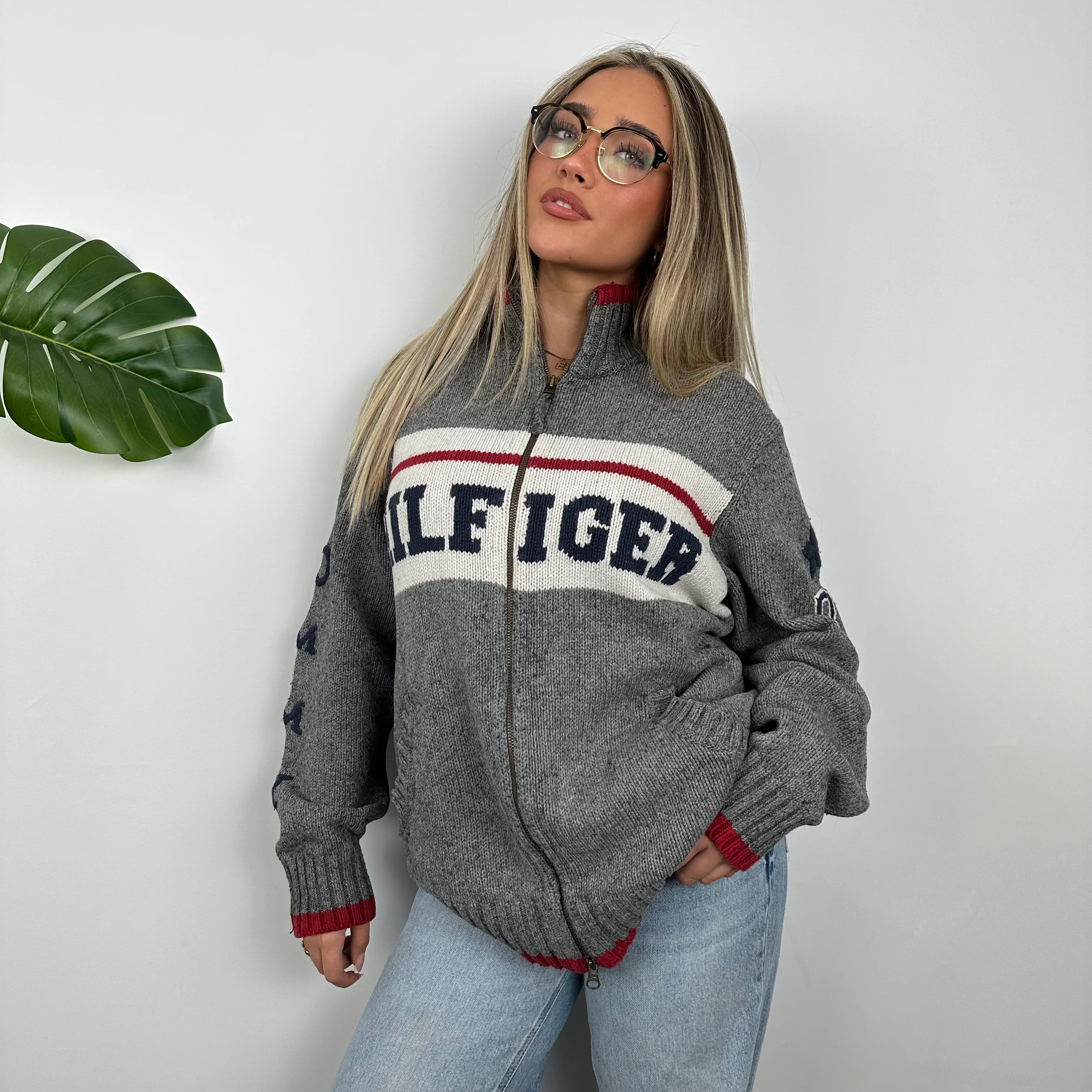 Tommy Hilfiger RARE Grey Embroidered Spell Out  Zip Up Jacket (L) - Image 10