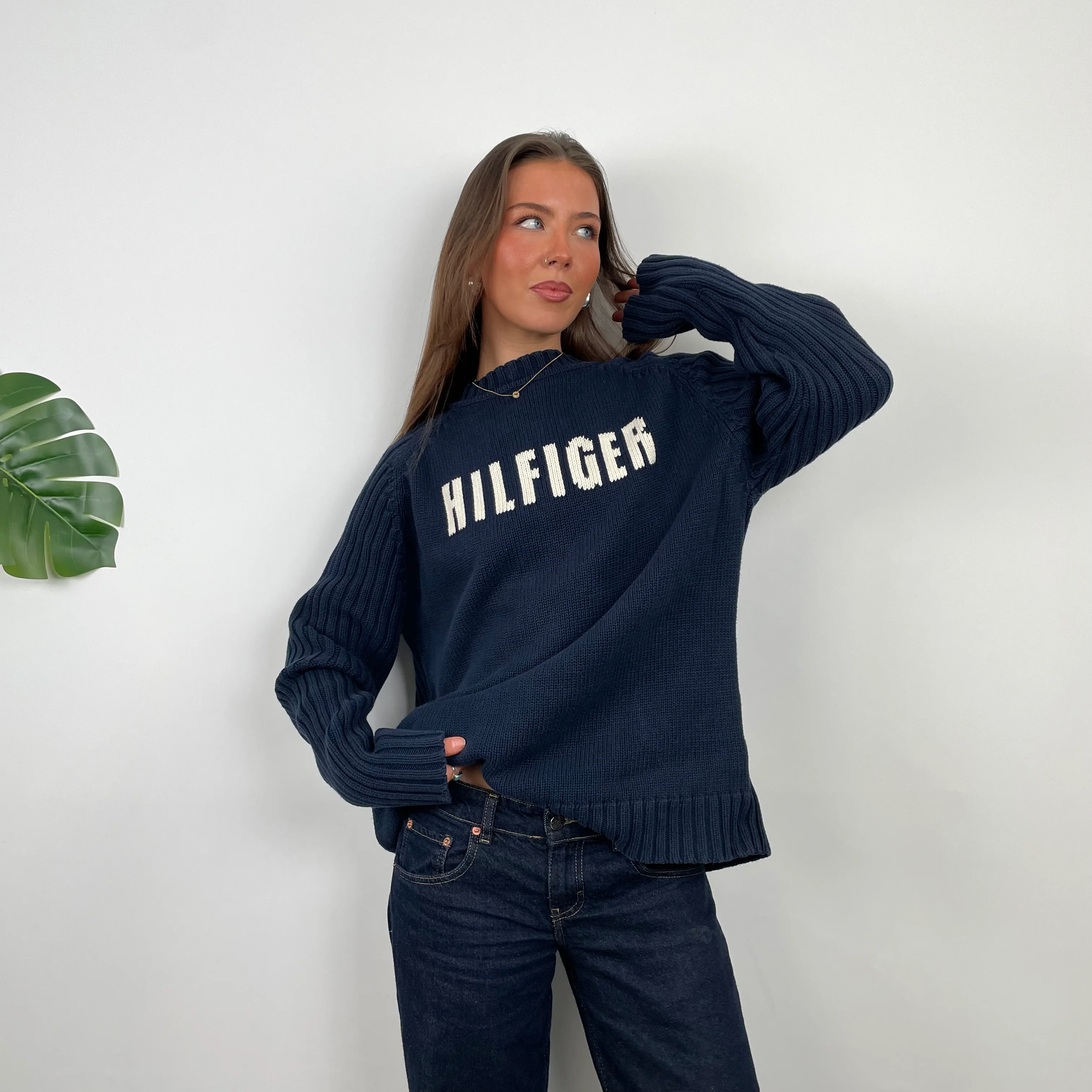 Tommy Hilfiger RARE Navy Embroidered Spell Out Knitted Sweater (L) - Image 2