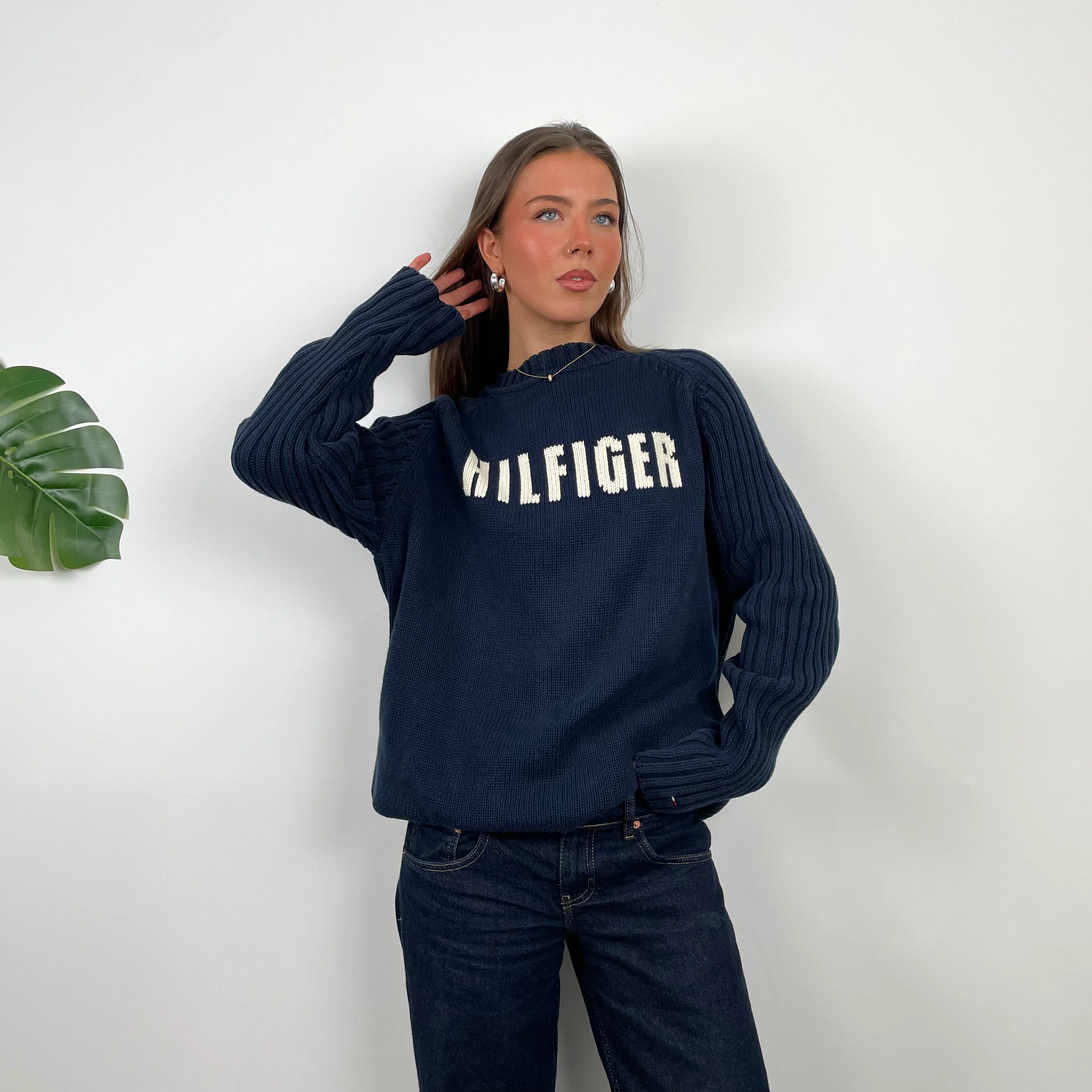 Tommy Hilfiger RARE Navy Embroidered Spell Out Knitted Sweater (L) - Image 4