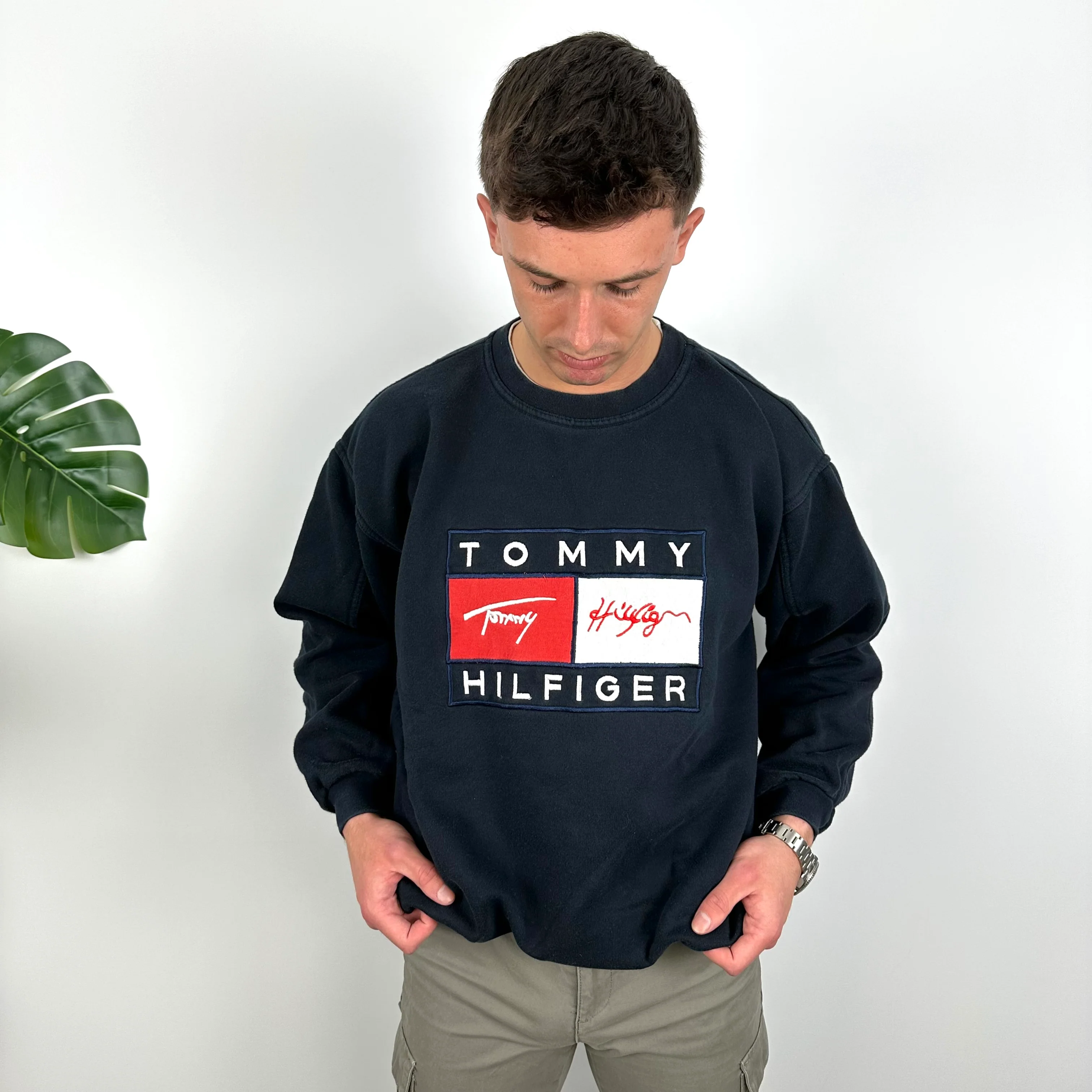 Tommy Hilfiger RARE Navy Embroidered Spell Out Sweatshirt (L) - Image 3