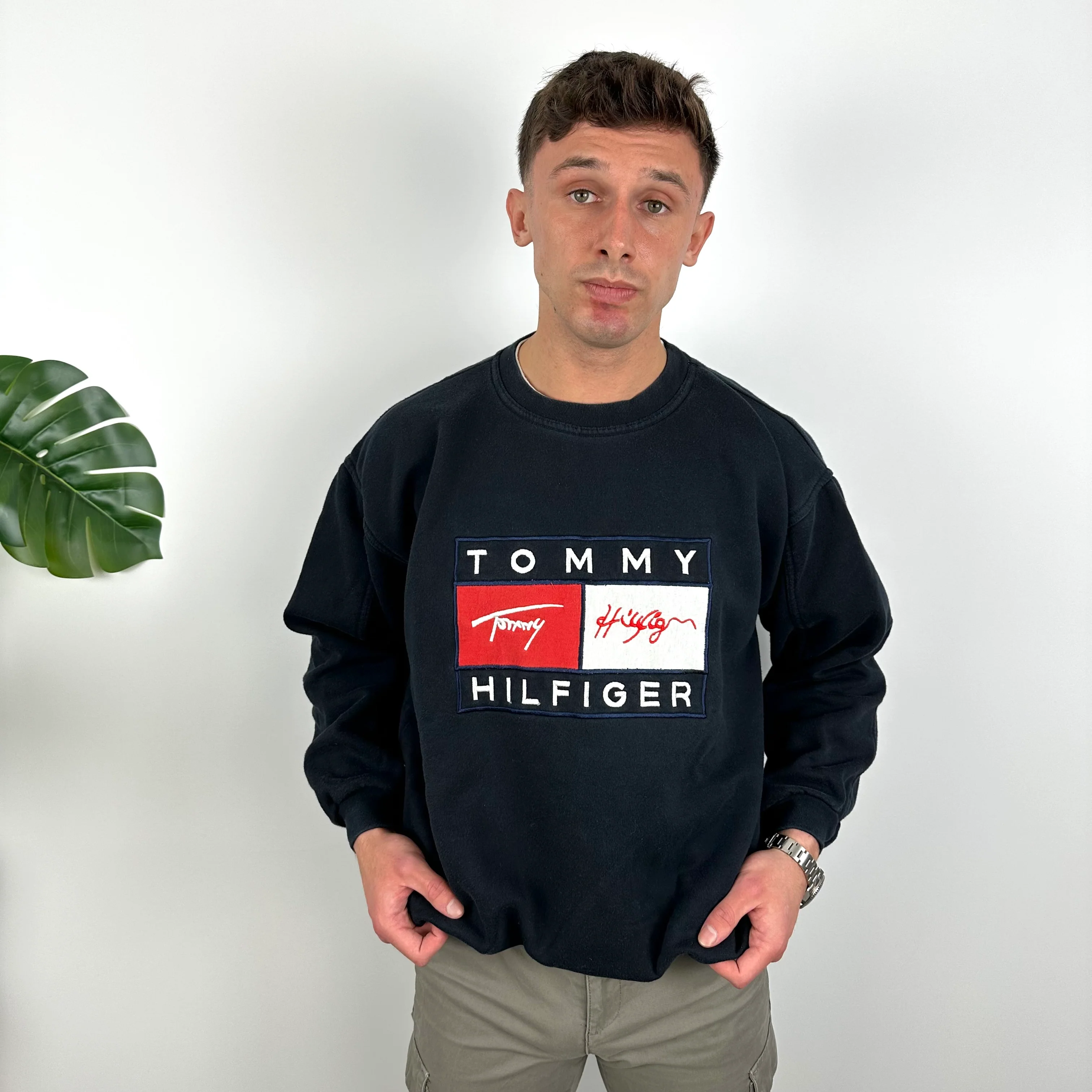 Tommy Hilfiger RARE Navy Embroidered Spell Out Sweatshirt (L) - Image 4