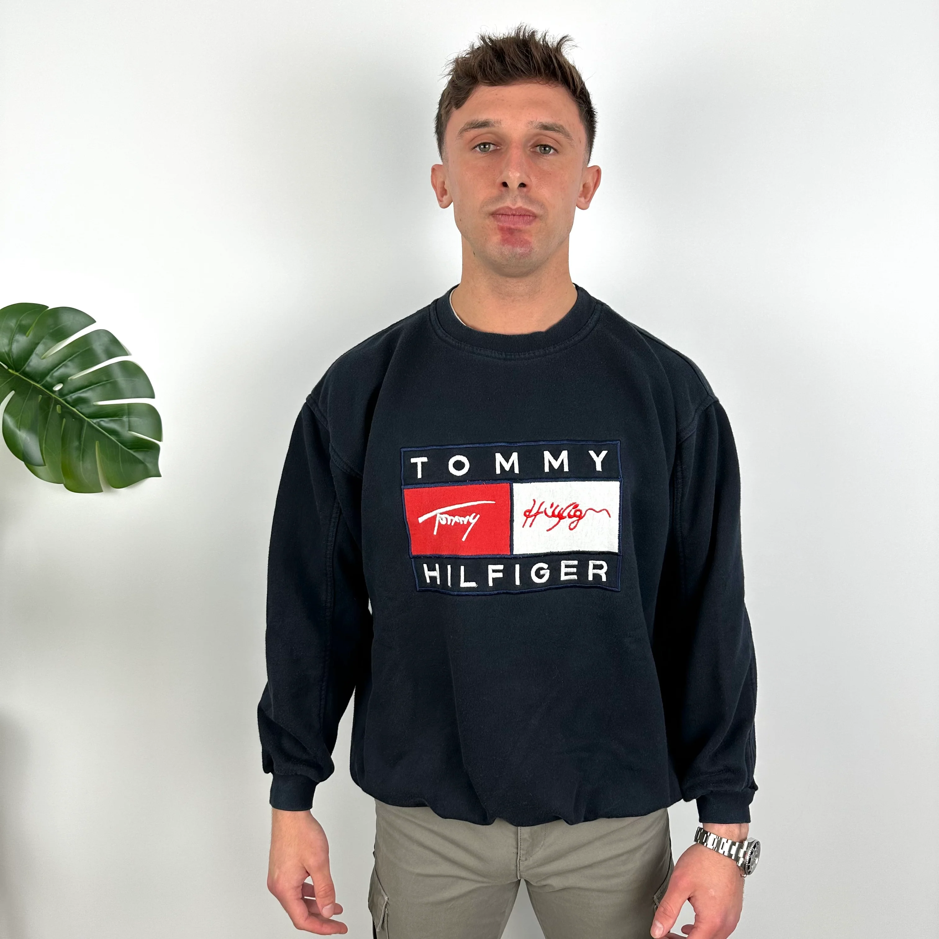 Tommy Hilfiger RARE Navy Embroidered Spell Out Sweatshirt (L) - Image 5