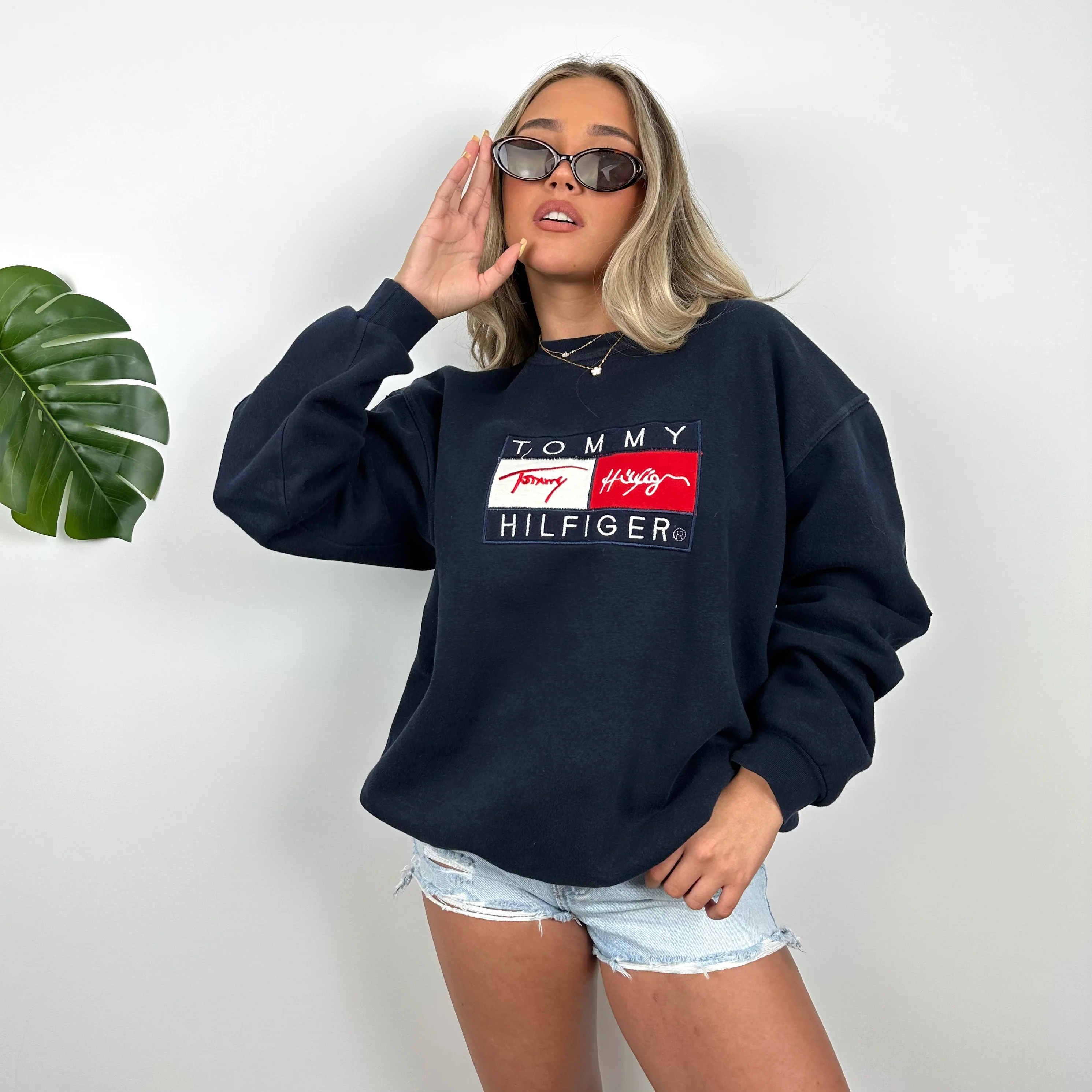 Tommy Hilfiger RARE Navy Embroidered Spell Out Sweatshirt (L) - Image 2