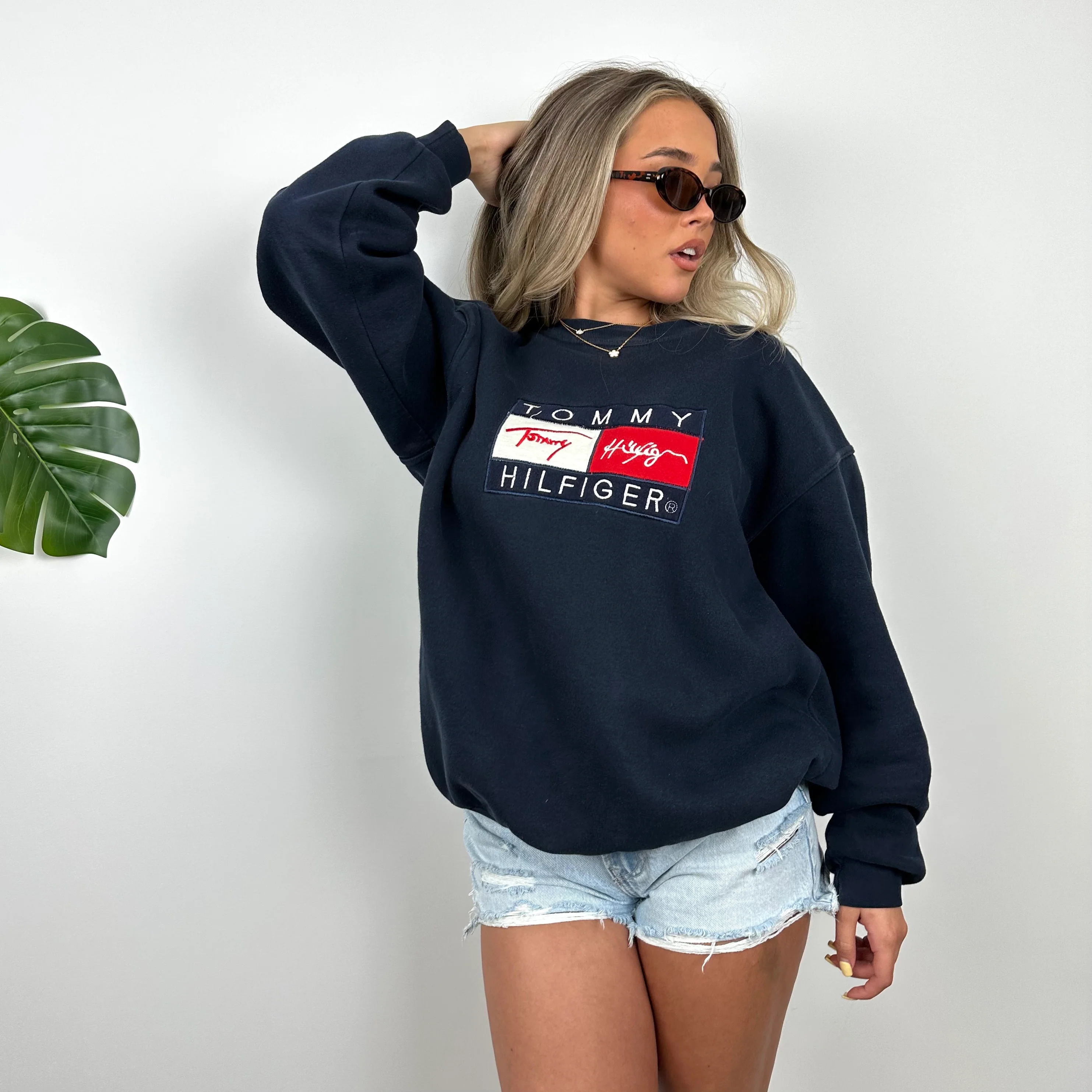 Tommy Hilfiger RARE Navy Embroidered Spell Out Sweatshirt (L) - Image 4