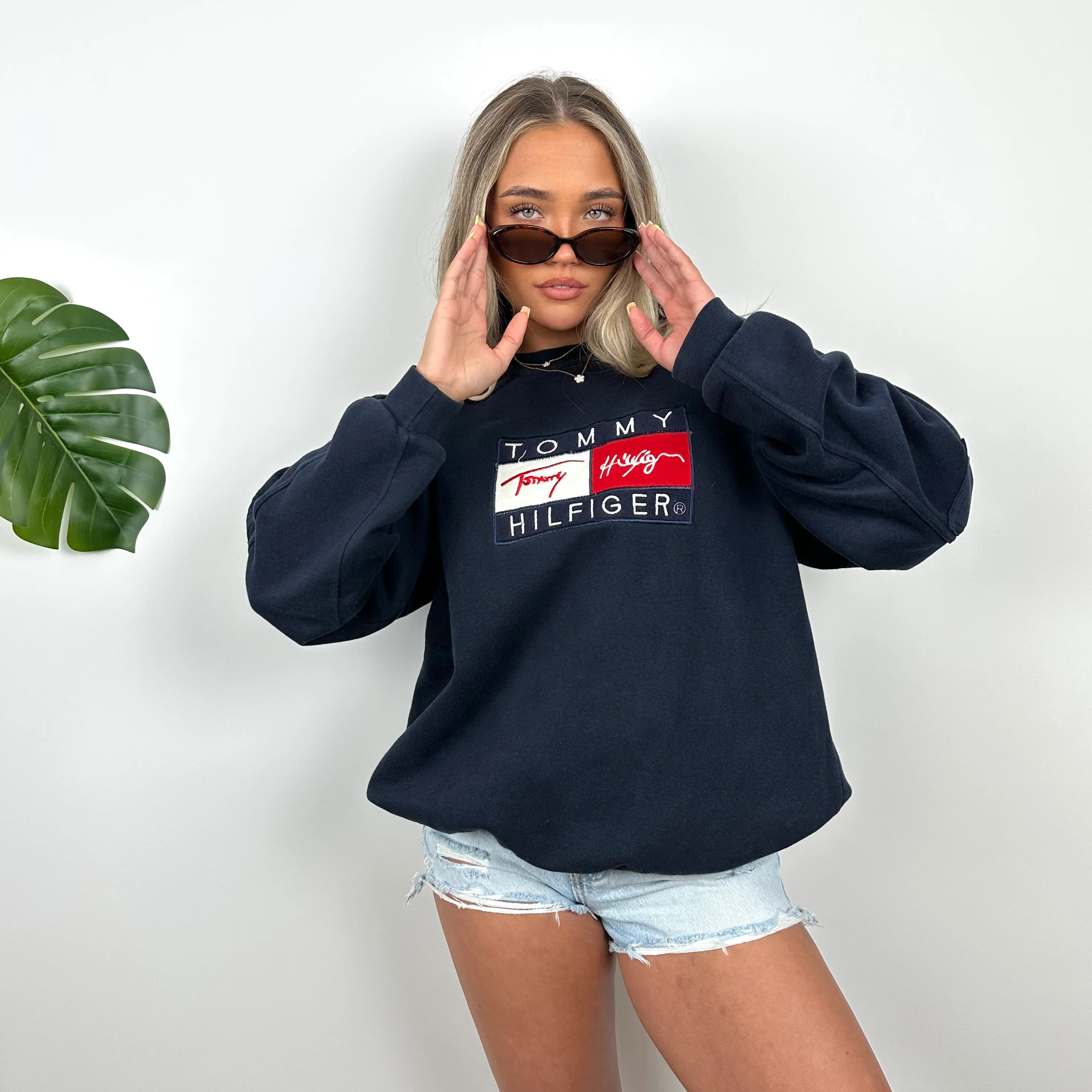 Tommy Hilfiger RARE Navy Embroidered Spell Out Sweatshirt (L) - Image 5