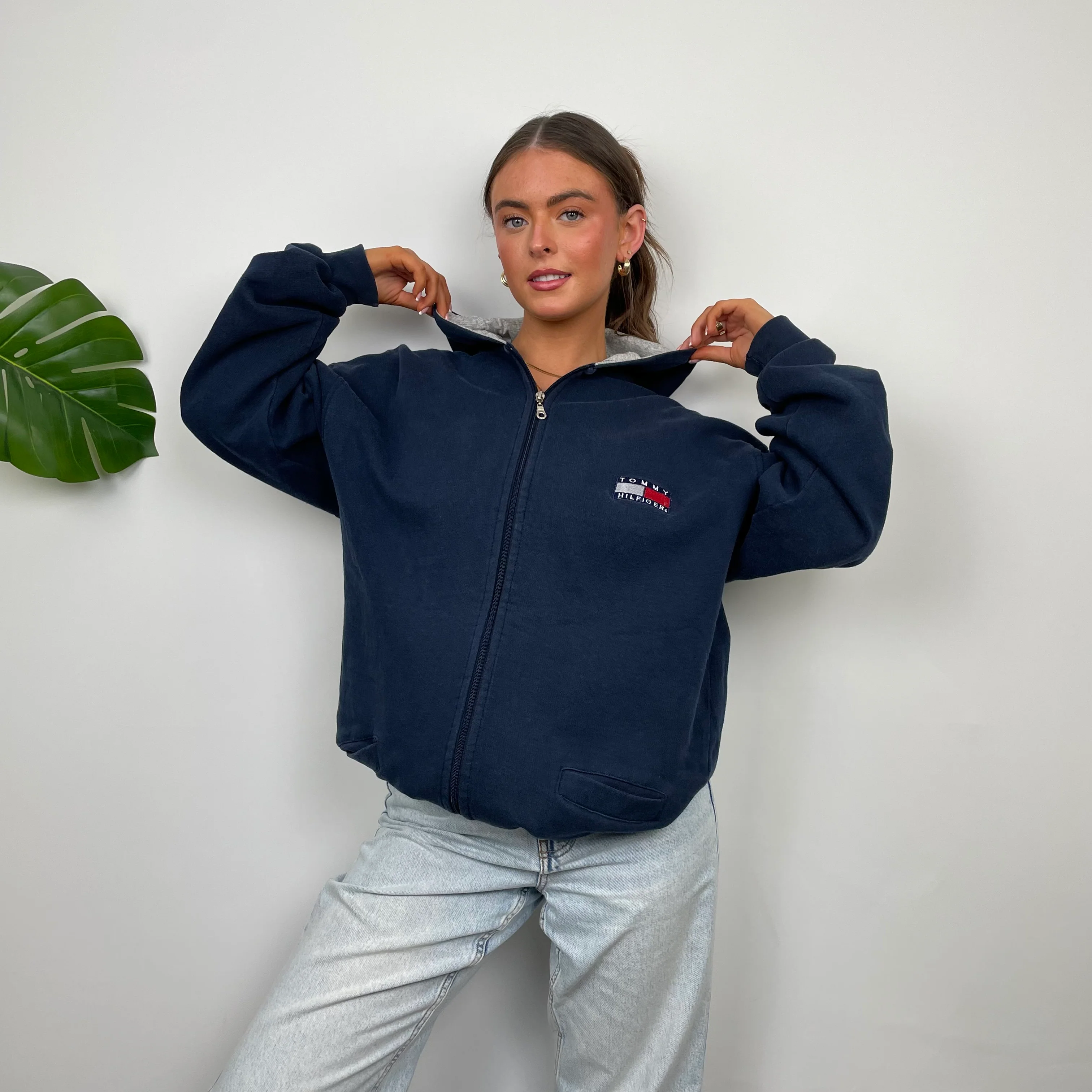 Tommy Hilfiger RARE Navy Embroidered Spell Out  Zip Up Hoodie Jacket (XXL) - Image 3