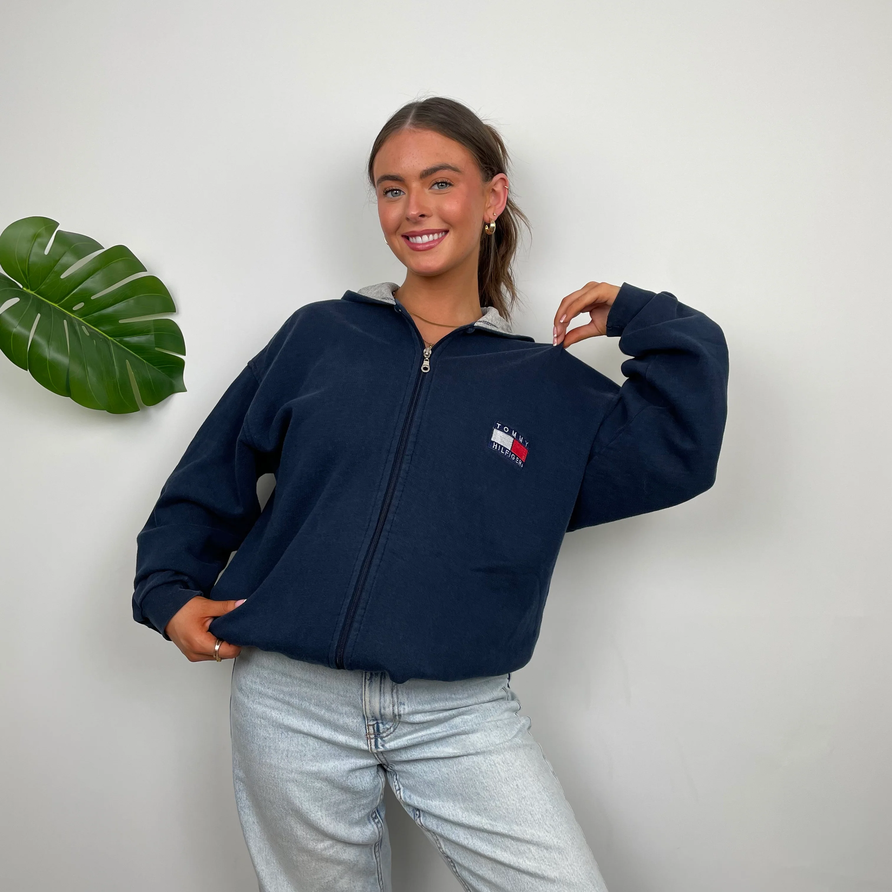 Tommy Hilfiger RARE Navy Embroidered Spell Out  Zip Up Hoodie Jacket (XXL) - Image 6