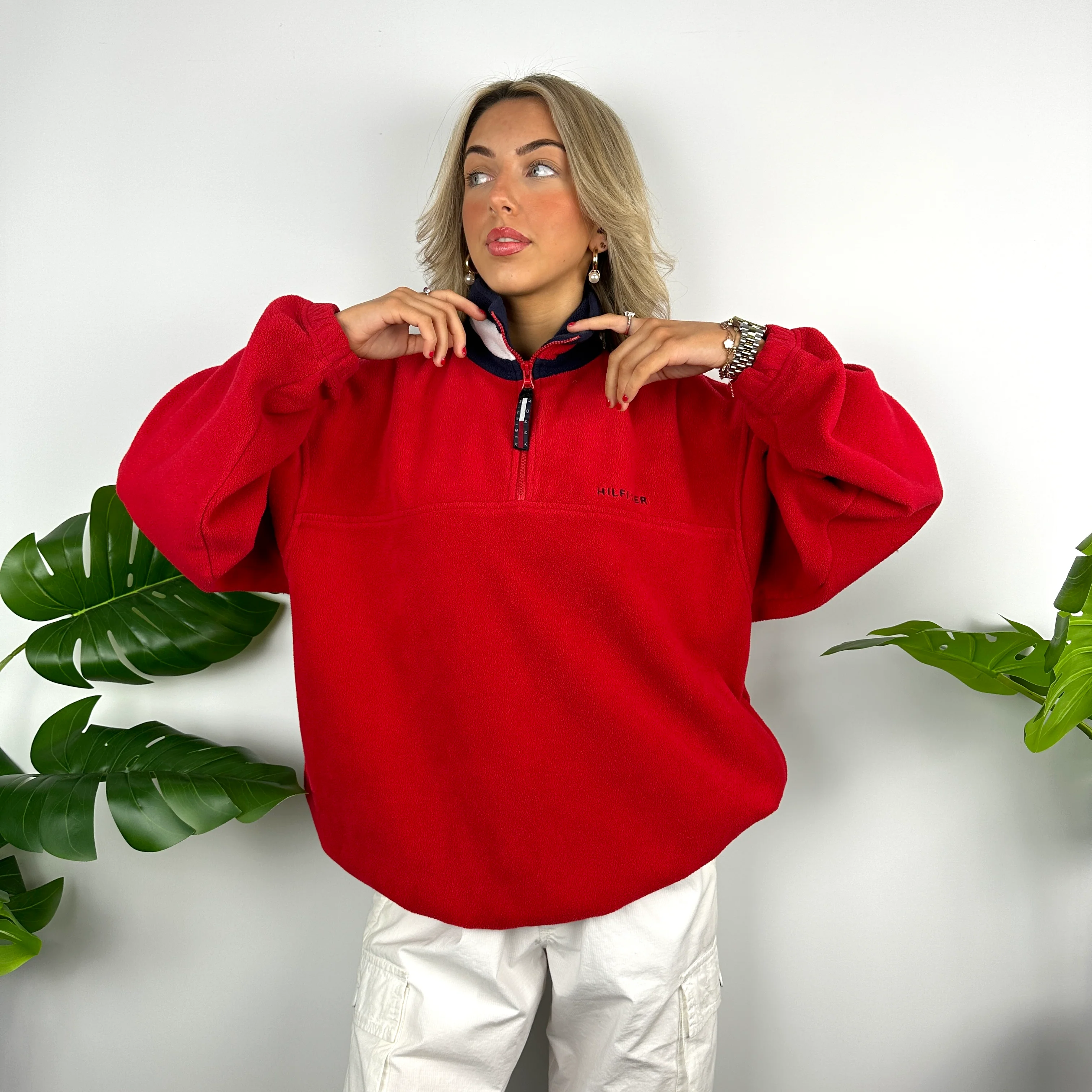 Tommy Hilfiger Red Embroidered Spell Out Teddy Bear Fleece Quarter Zip Sweatshirt (L) - Image 5