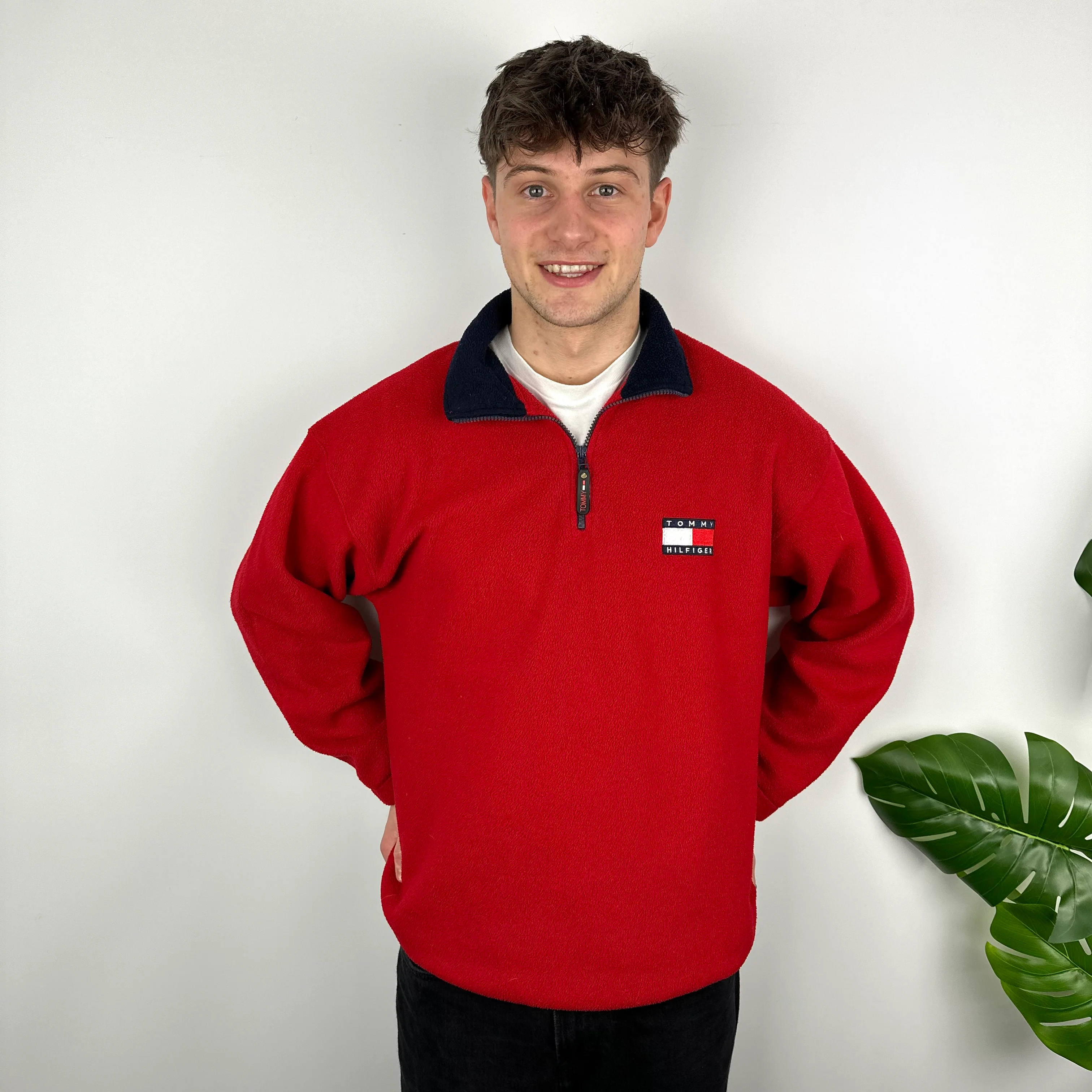 Tommy Hilfiger Red Embroidered Spell Out Teddy Bear Fleece Quarter Zip Sweatshirt (XL) - Image 4