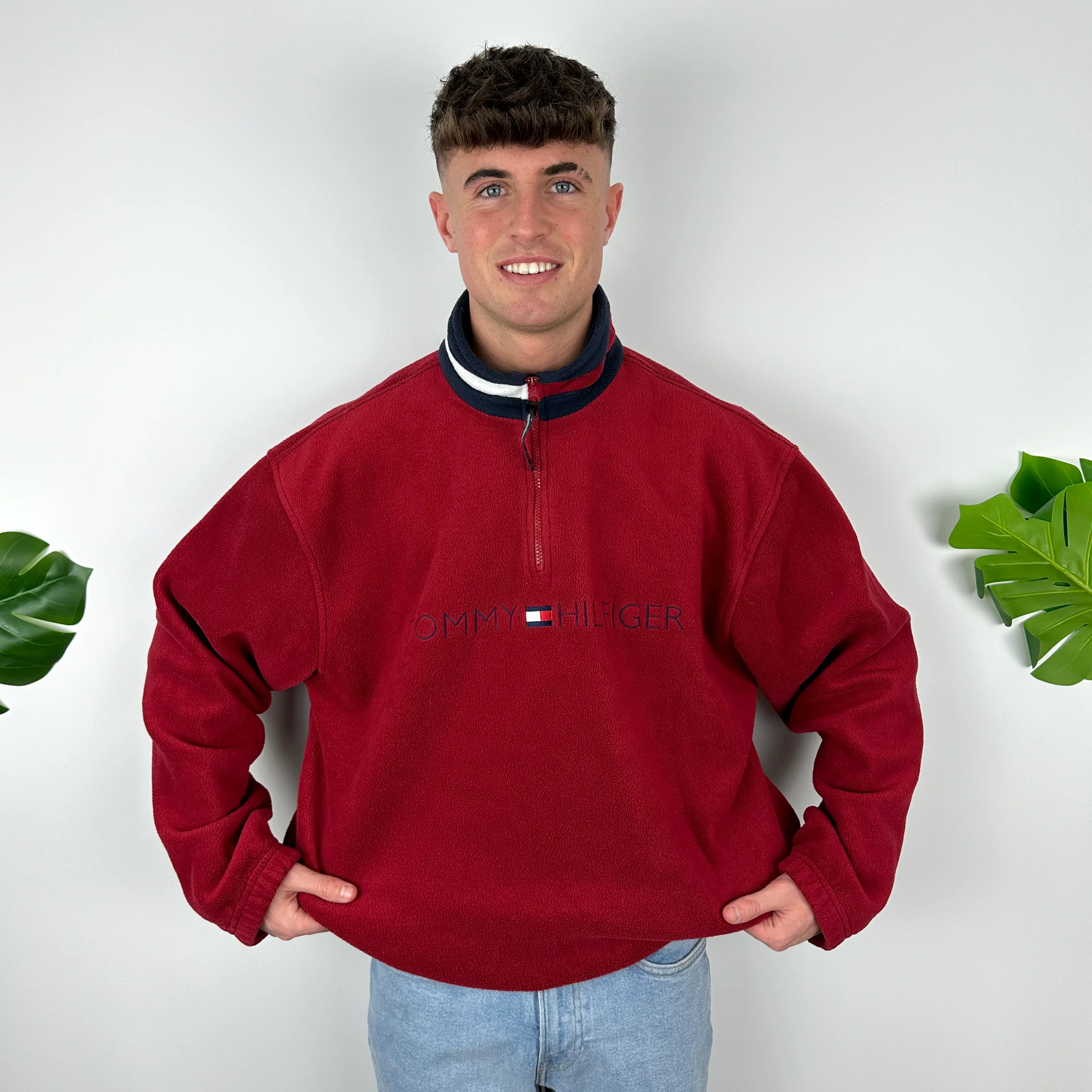 Tommy Hilfiger Red Embroidered Spell Out Teddy Bear Fleece Quarter Zip Sweatshirt (XL)
