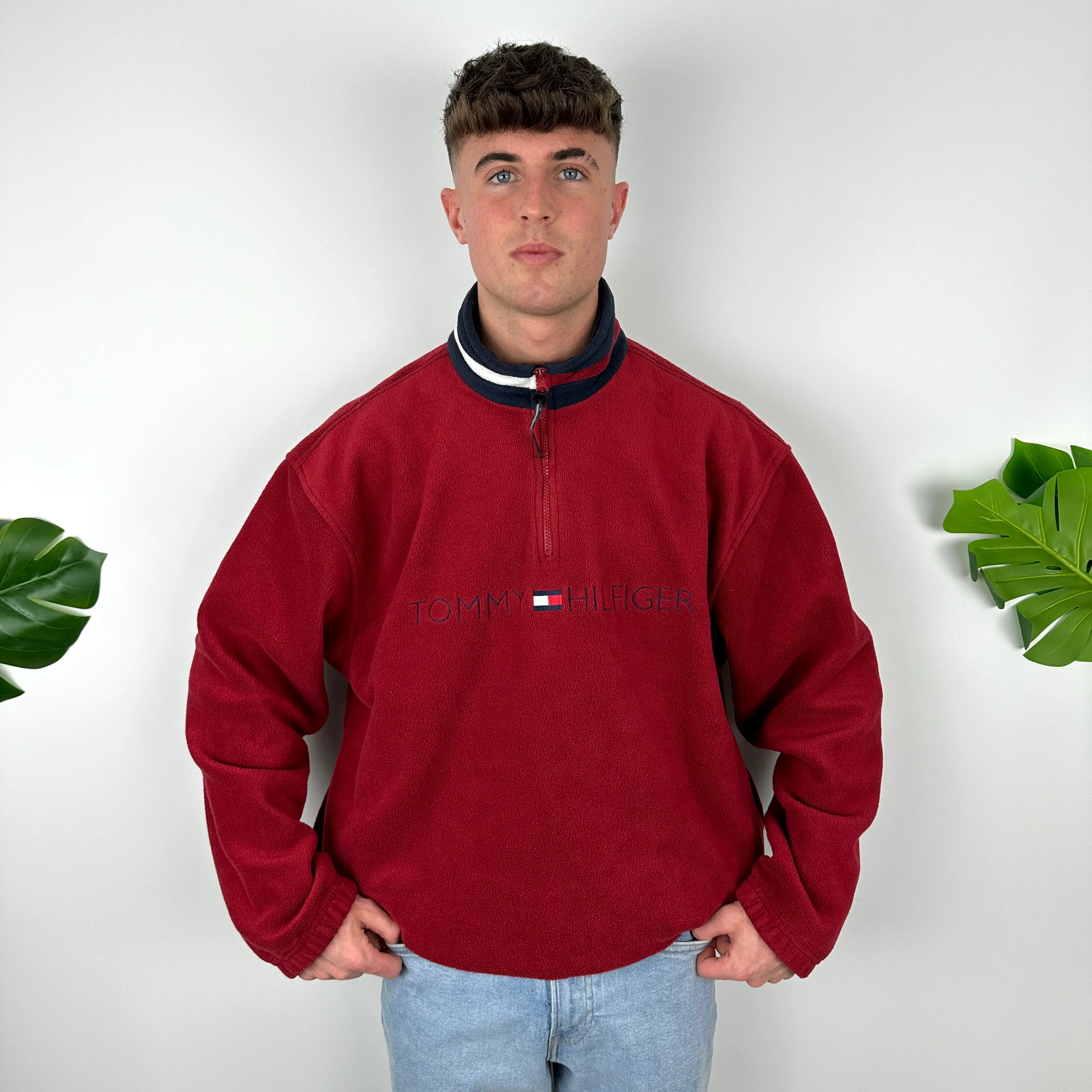 Tommy Hilfiger Red Embroidered Spell Out Teddy Bear Fleece Quarter Zip Sweatshirt (XL) - Image 3