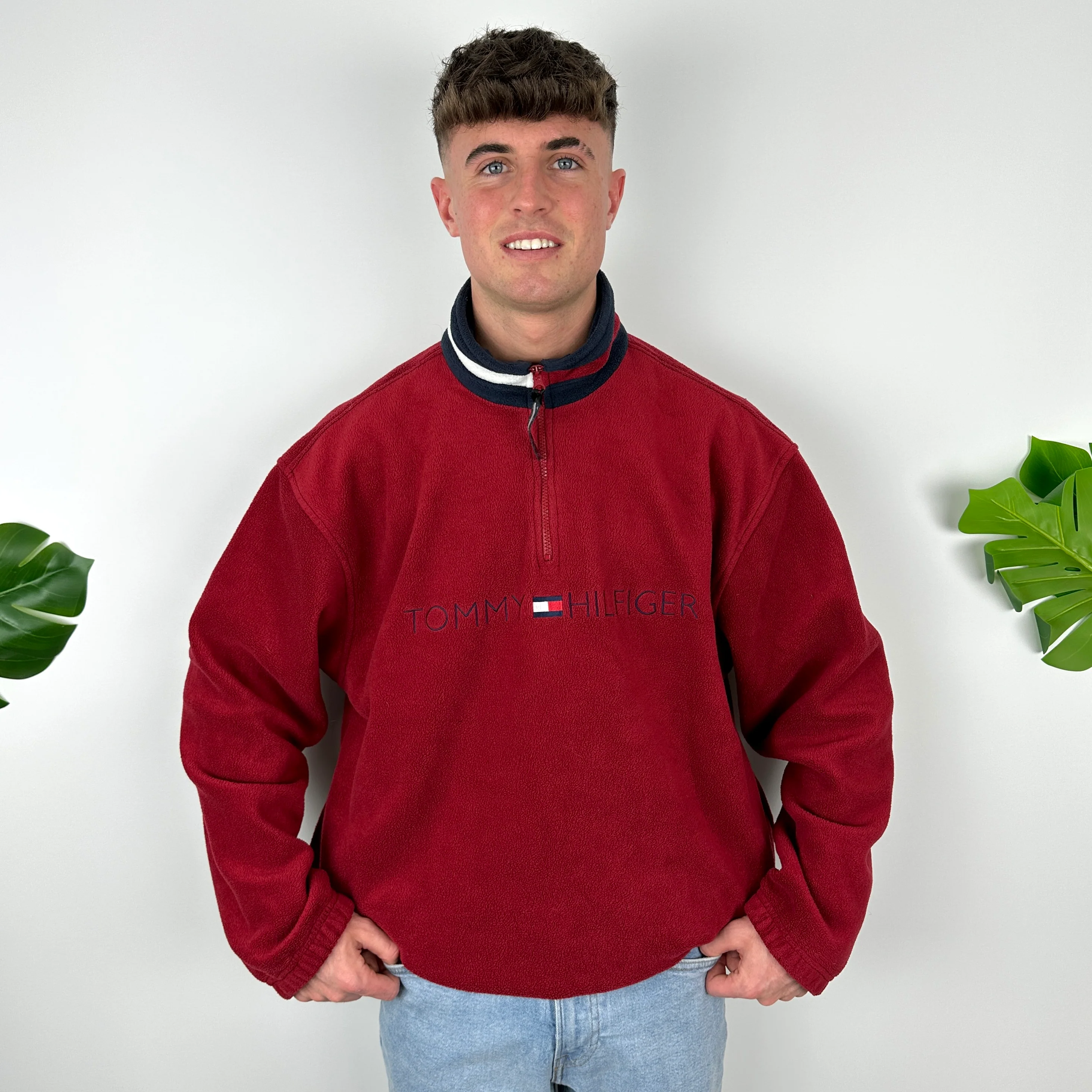 Tommy Hilfiger Red Embroidered Spell Out Teddy Bear Fleece Quarter Zip Sweatshirt (XL) - Image 5