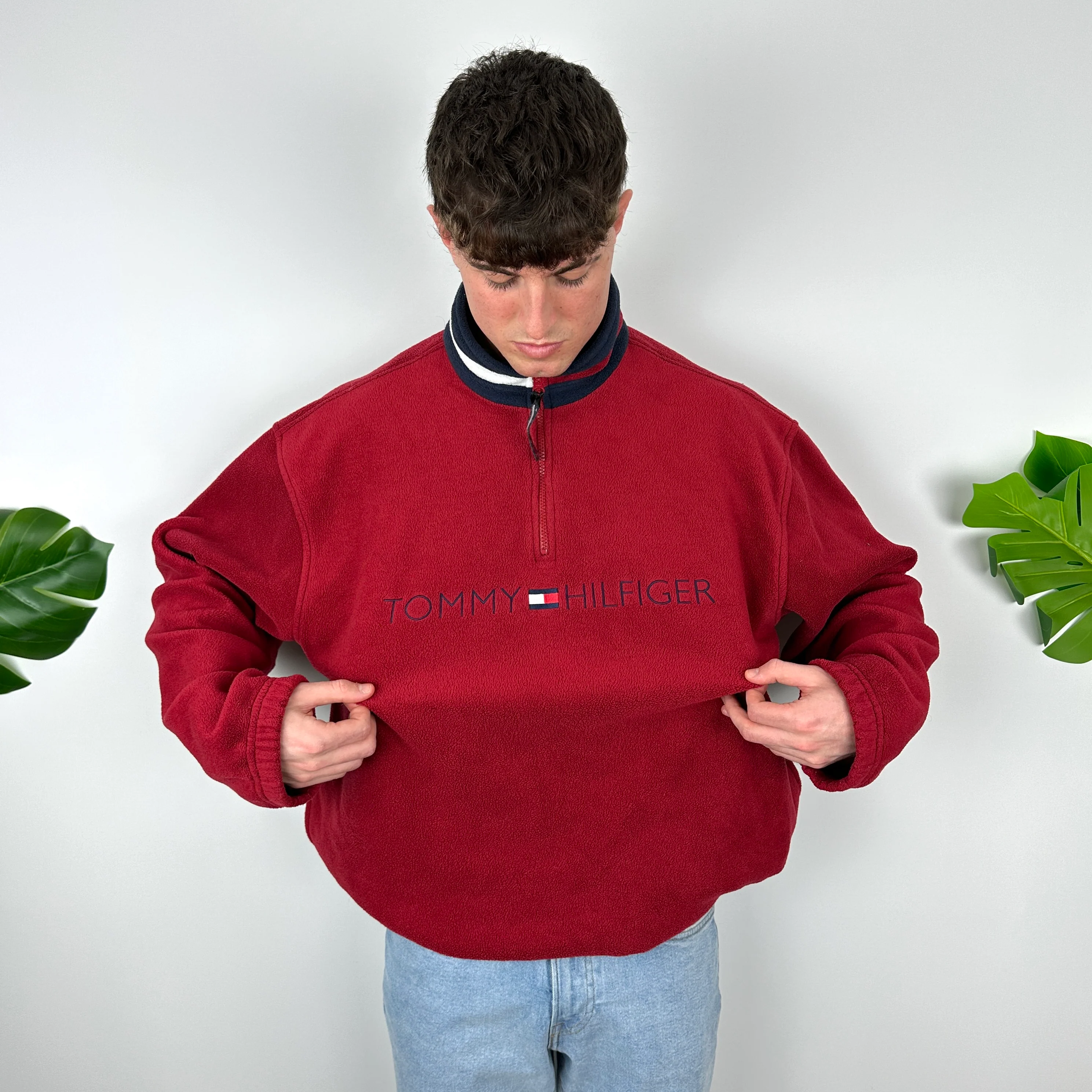 Tommy Hilfiger Red Embroidered Spell Out Teddy Bear Fleece Quarter Zip Sweatshirt (XL) - Image 6