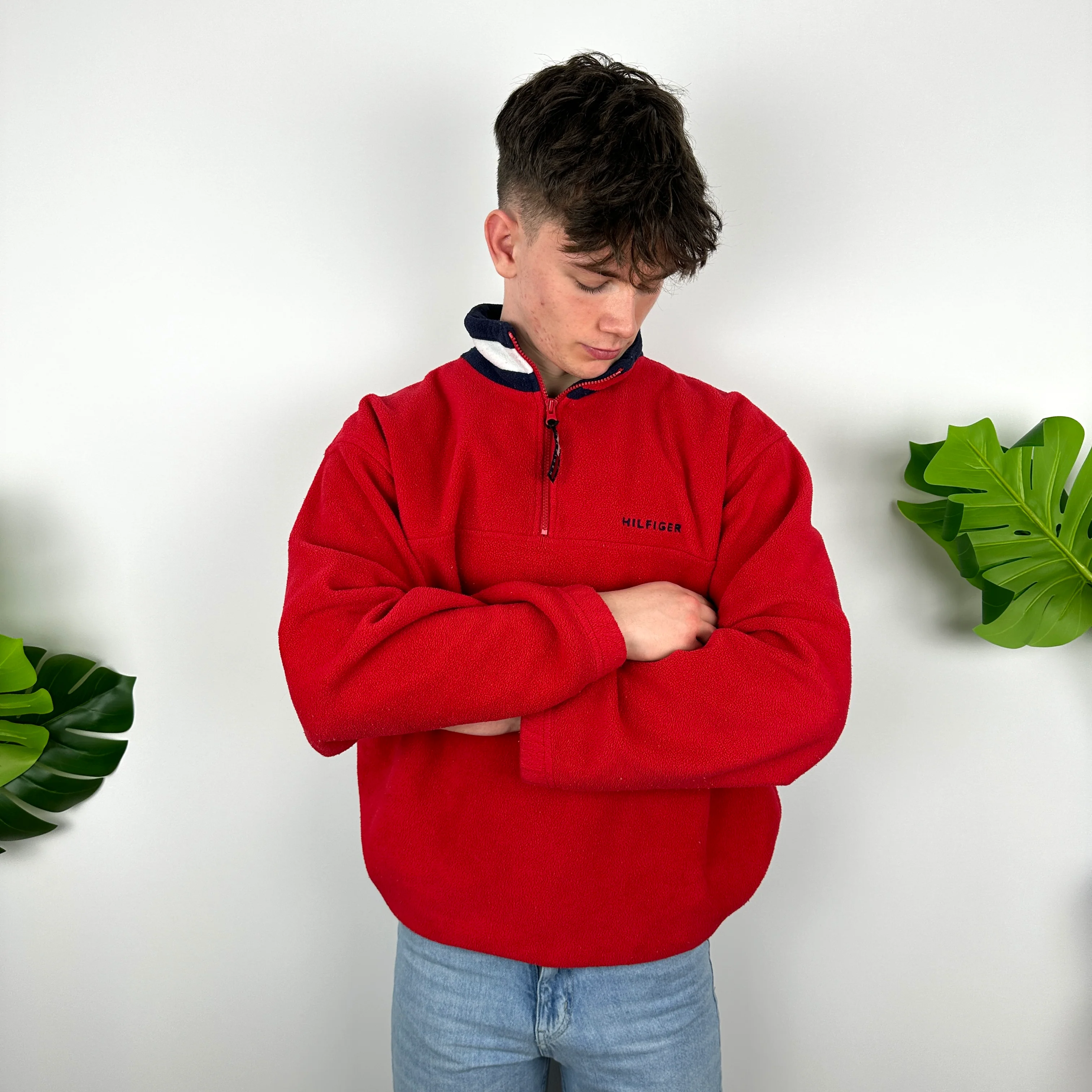 Tommy Hilfiger Red Embroidered Spell Out Teddy Bear Fleece Quarter Zip Sweatshirt (L) - Image 5