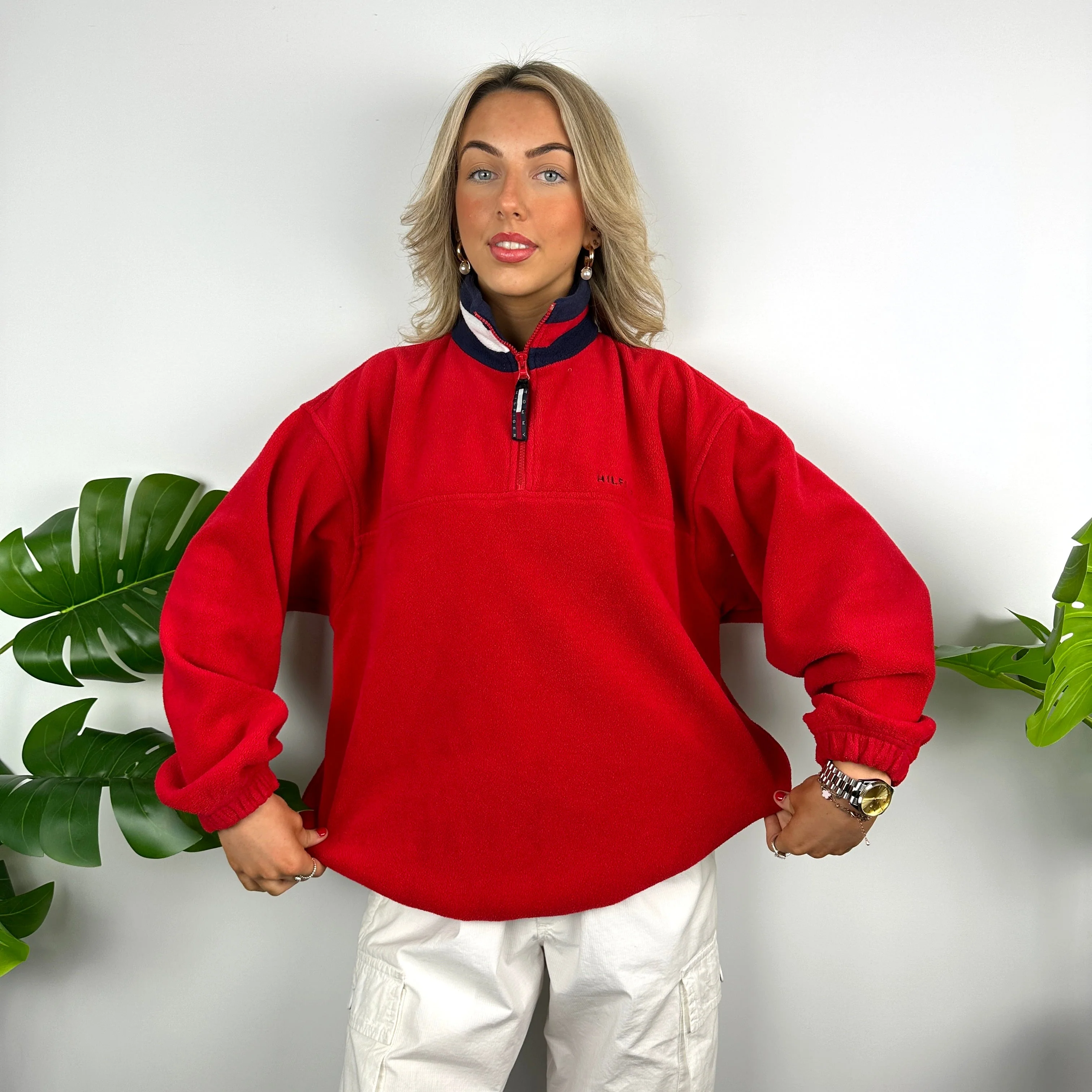 Tommy Hilfiger Red Embroidered Spell Out Teddy Bear Fleece Quarter Zip Sweatshirt (L) - Image 3