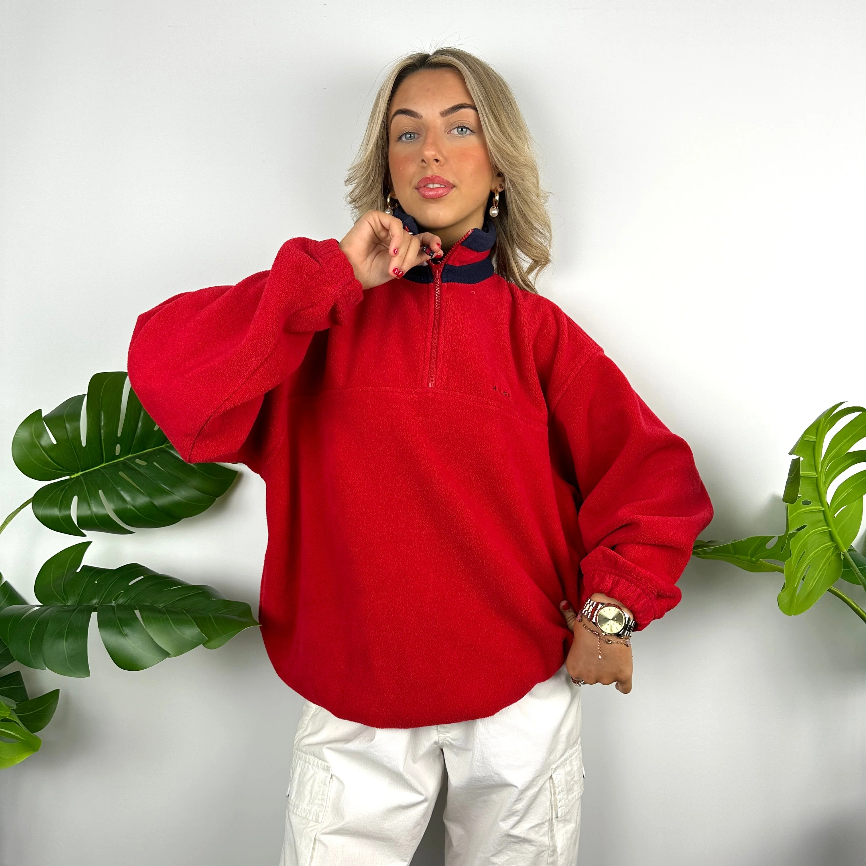 Tommy Hilfiger Red Embroidered Spell Out Teddy Bear Fleece Quarter Zip Sweatshirt (L) - Image 6