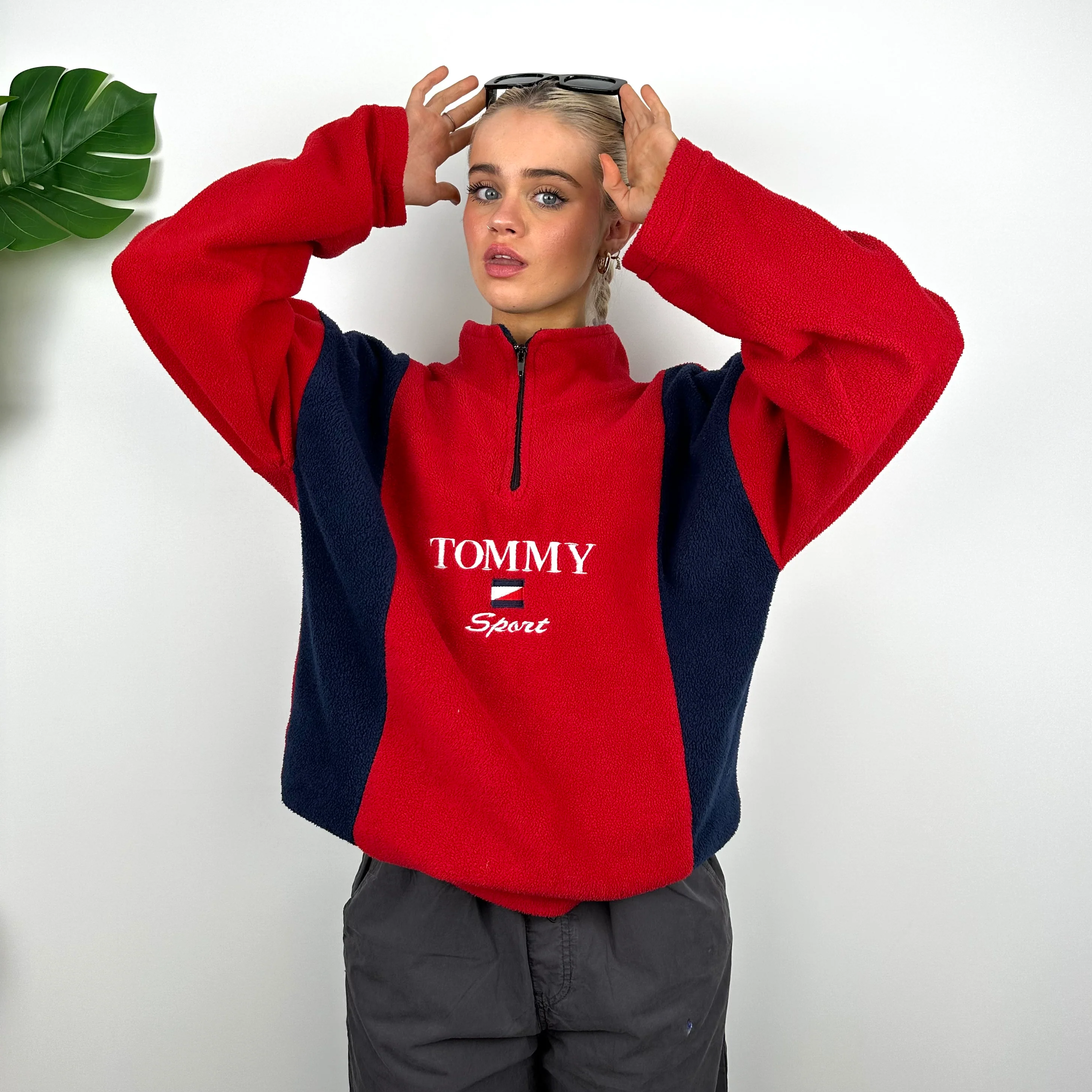Tommy Hilfiger Red Embroidered Spell Out Teddy Bear Fleece Quarter Zip Sweatshirt (M)