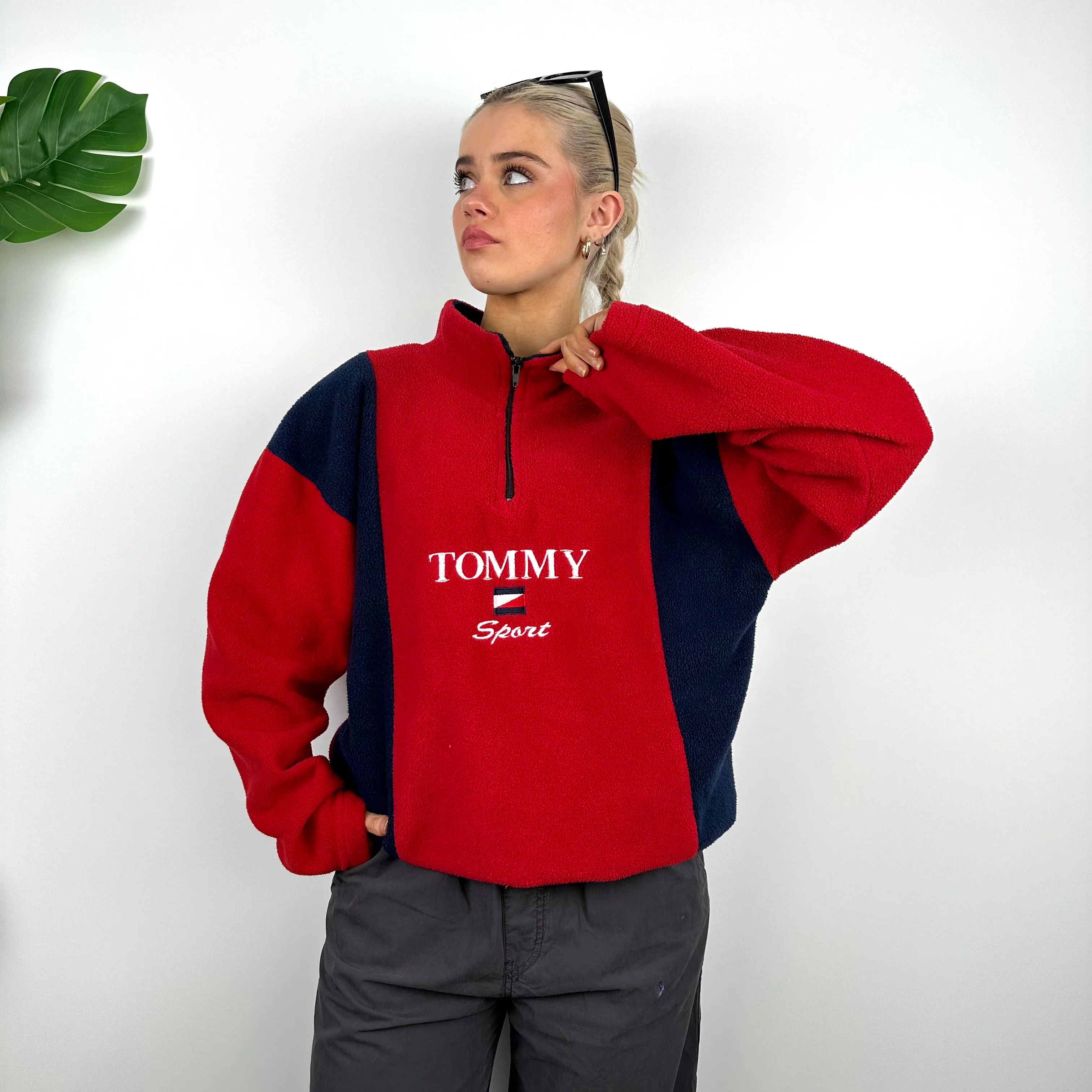 Tommy Hilfiger Red Embroidered Spell Out Teddy Bear Fleece Quarter Zip Sweatshirt (M) - Image 3