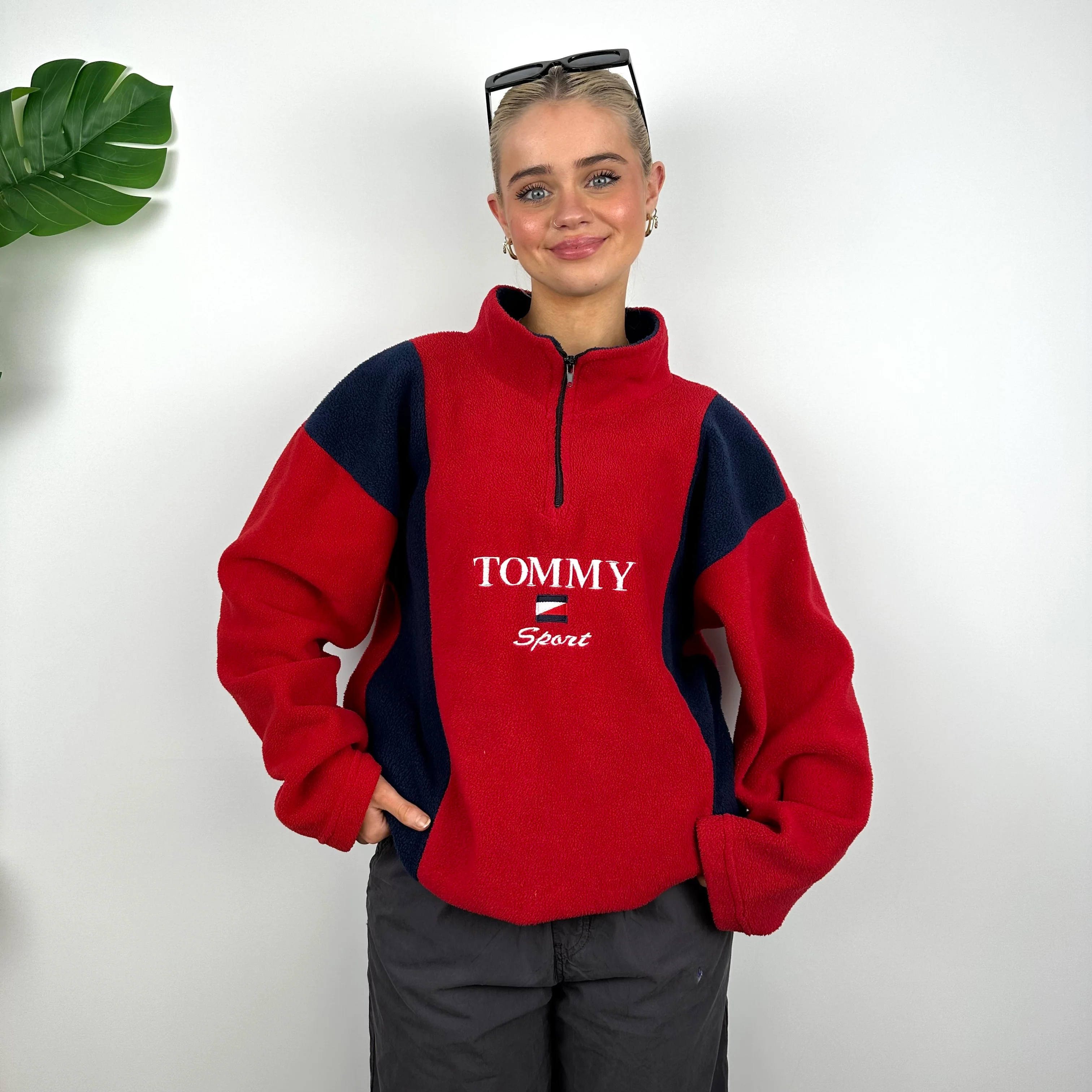 Tommy Hilfiger Red Embroidered Spell Out Teddy Bear Fleece Quarter Zip Sweatshirt (M) - Image 4
