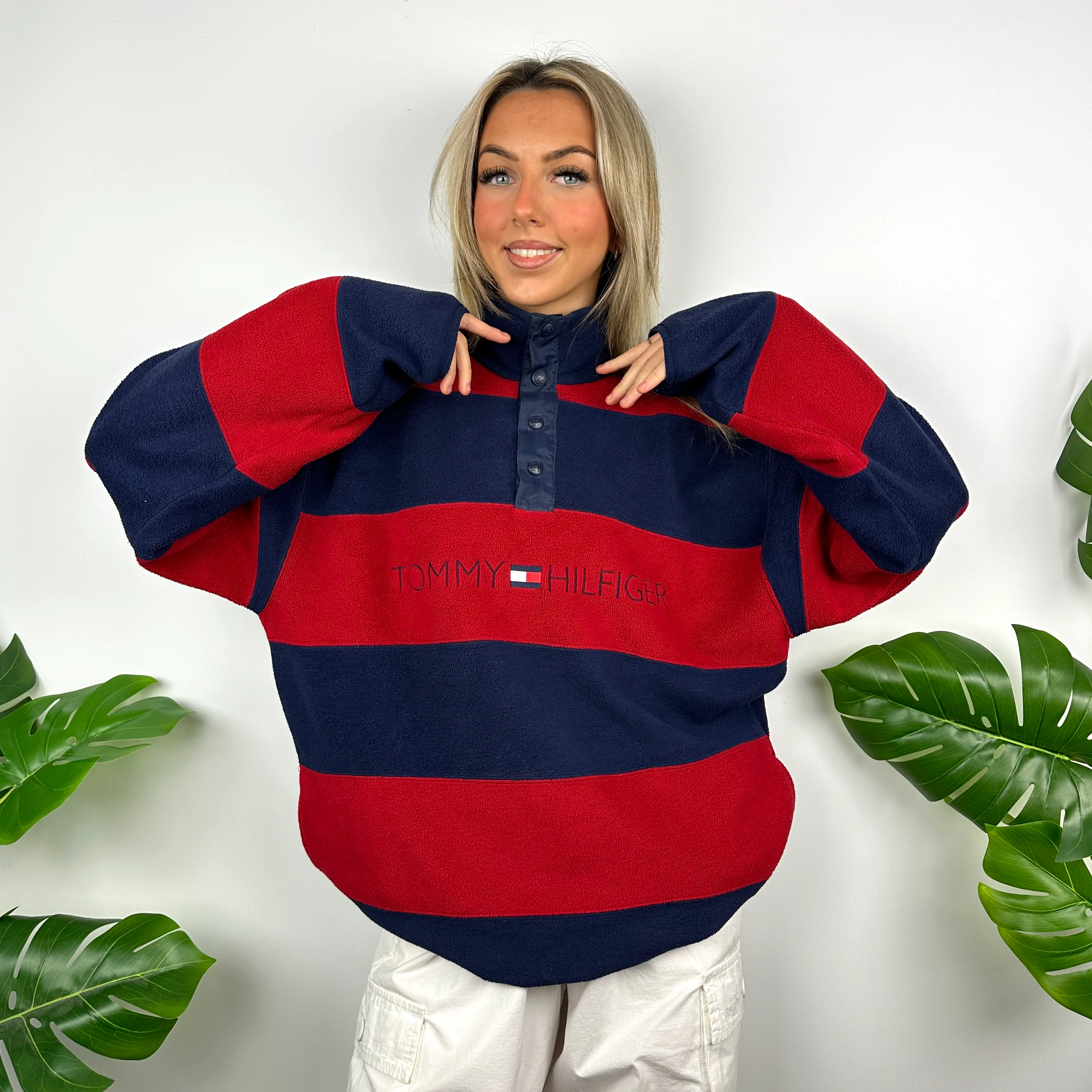 Tommy Hilfiger Red & Navy Striped Embroidered Spell Out Teddy Bear Button Fleece Sweatshirt (L) - Image 5