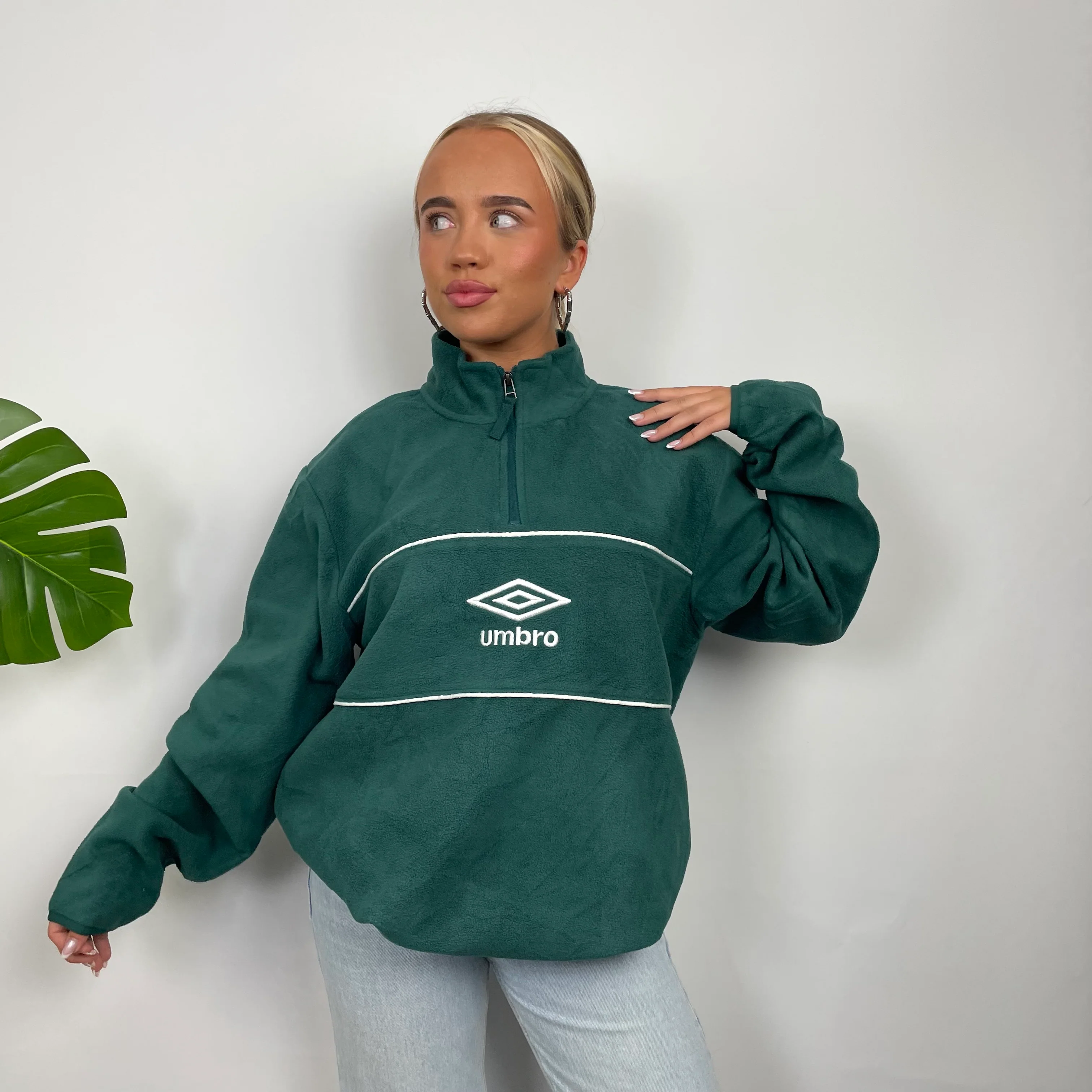 Umbro Green Embroidered Spell Out Teddy Bear Fleece Quarter Zip Sweatshirt (L) - Image 3