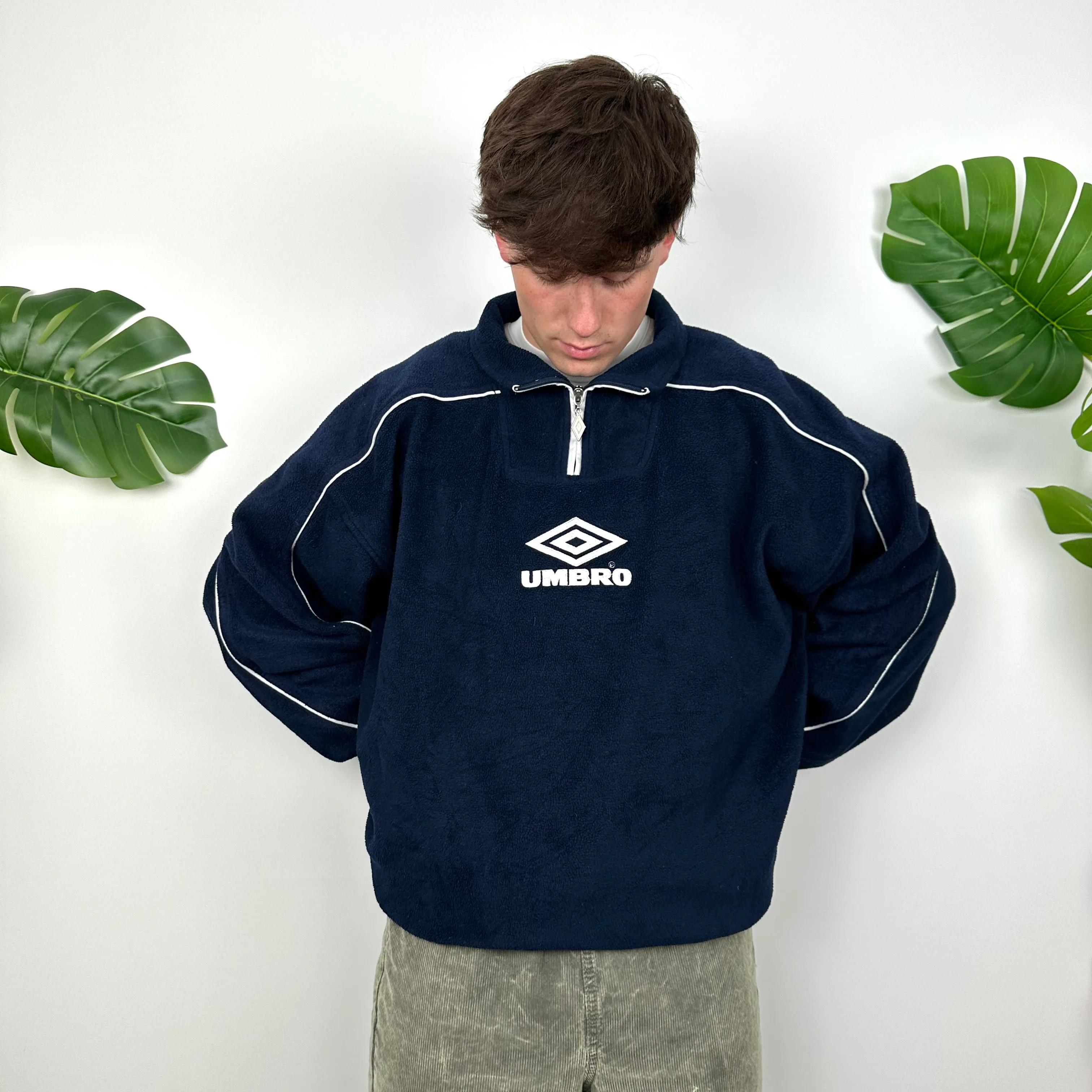 Umbro Navy Embroidered Spell Out Teddy Bear Fleece Quarter Zip Sweatshirt (L) - Image 2