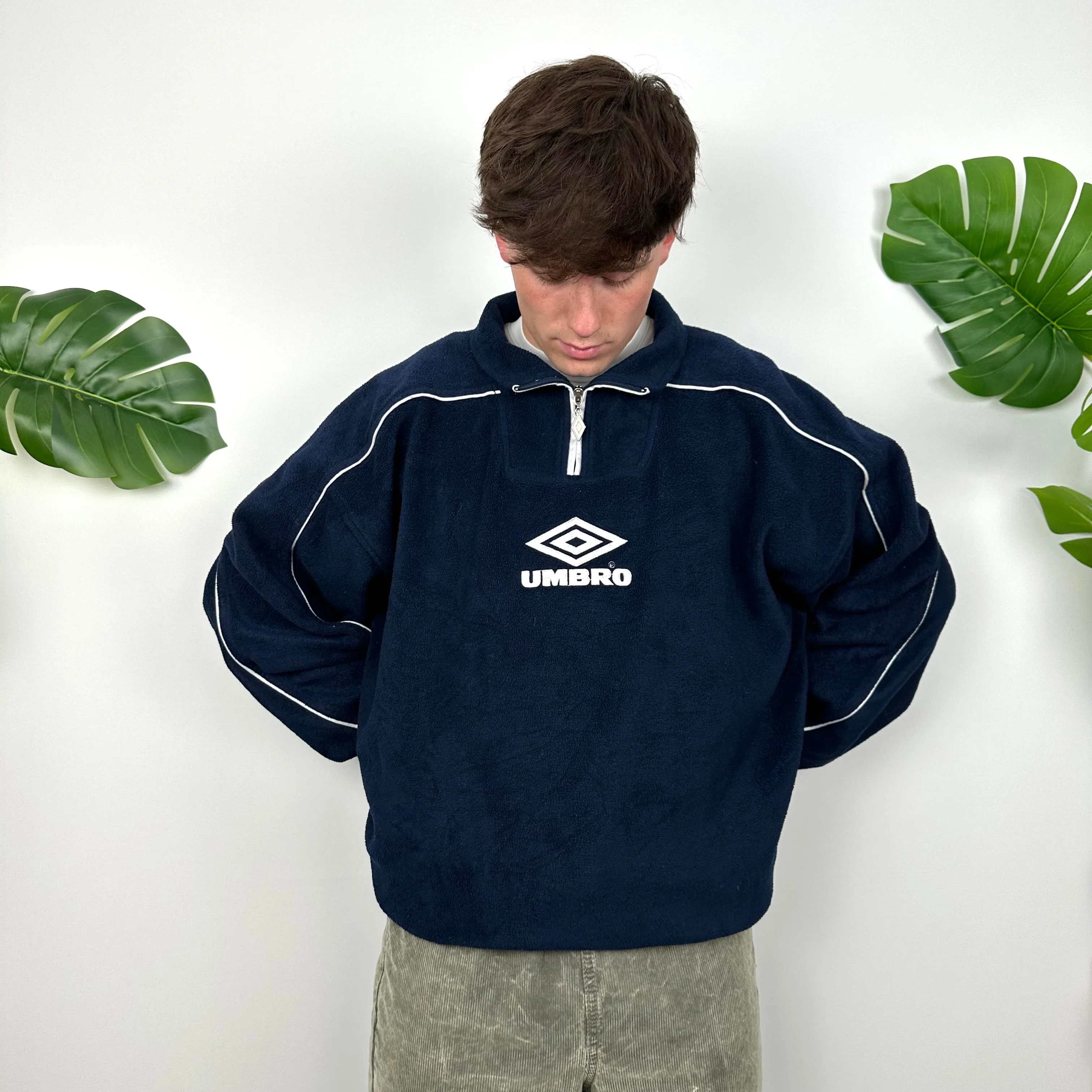 Umbro Navy Embroidered Spell Out Teddy Bear Fleece Quarter Zip Sweatshirt (L) - Image 2