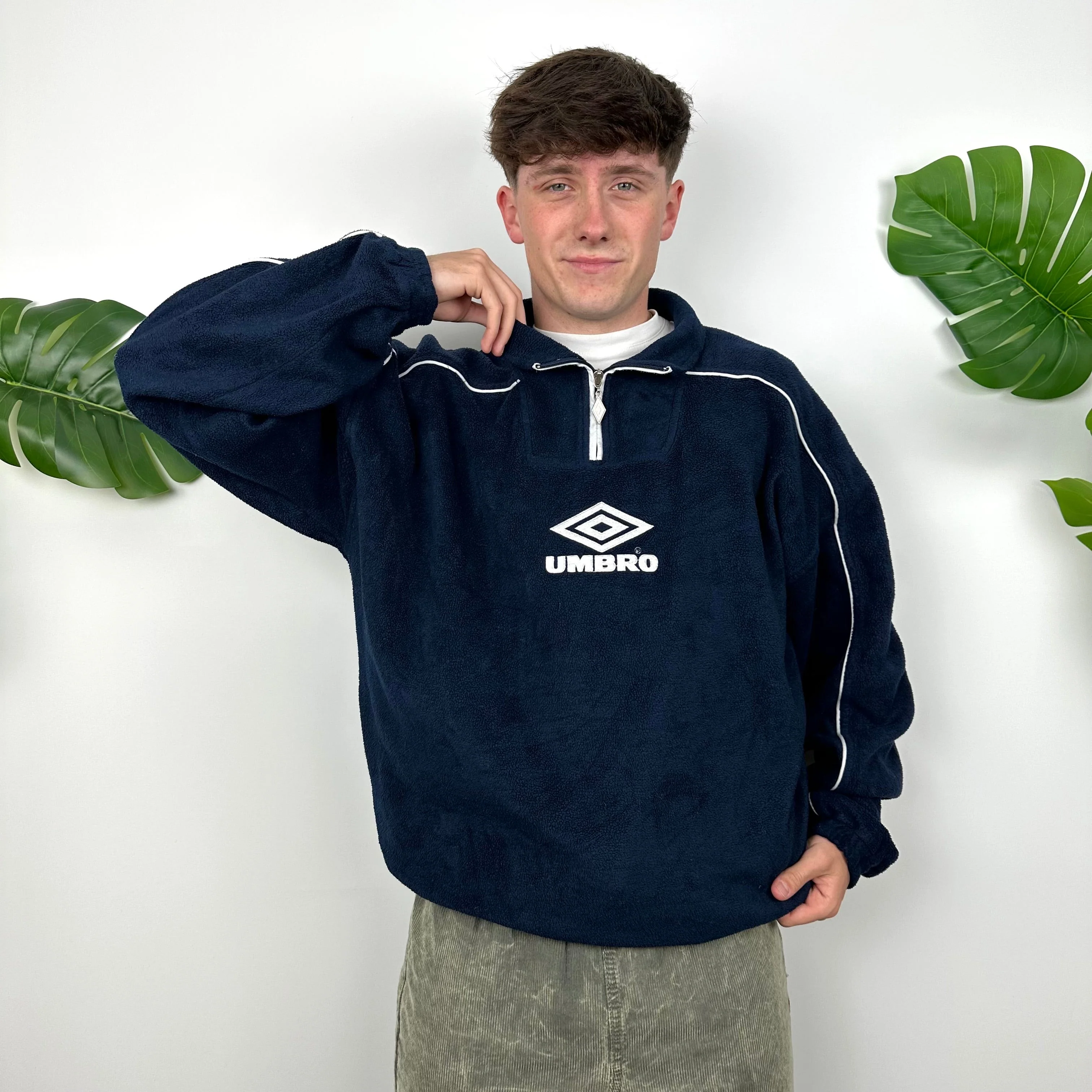 Umbro Navy Embroidered Spell Out Teddy Bear Fleece Quarter Zip Sweatshirt (L) - Image 3