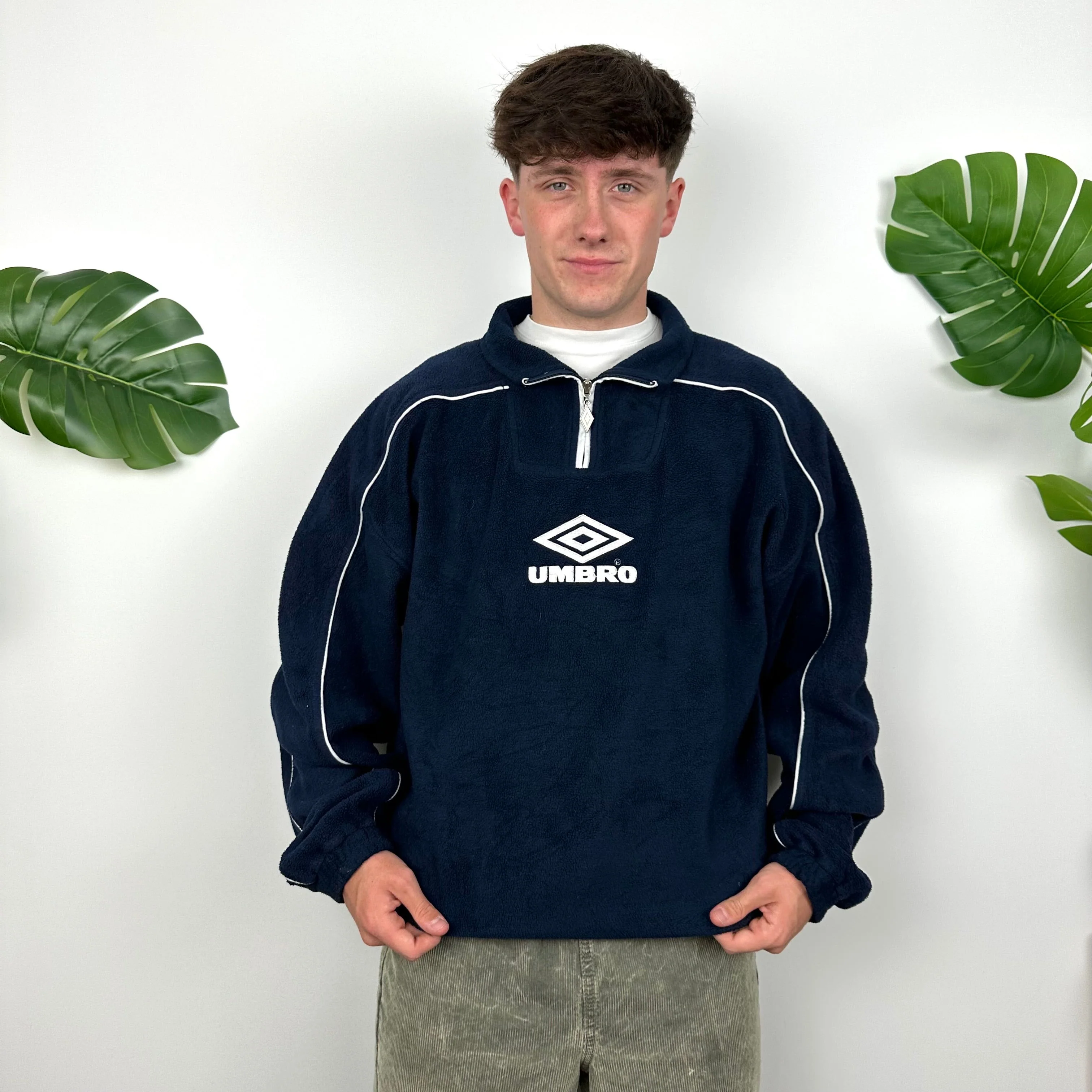 Umbro Navy Embroidered Spell Out Teddy Bear Fleece Quarter Zip Sweatshirt (L) - Image 4