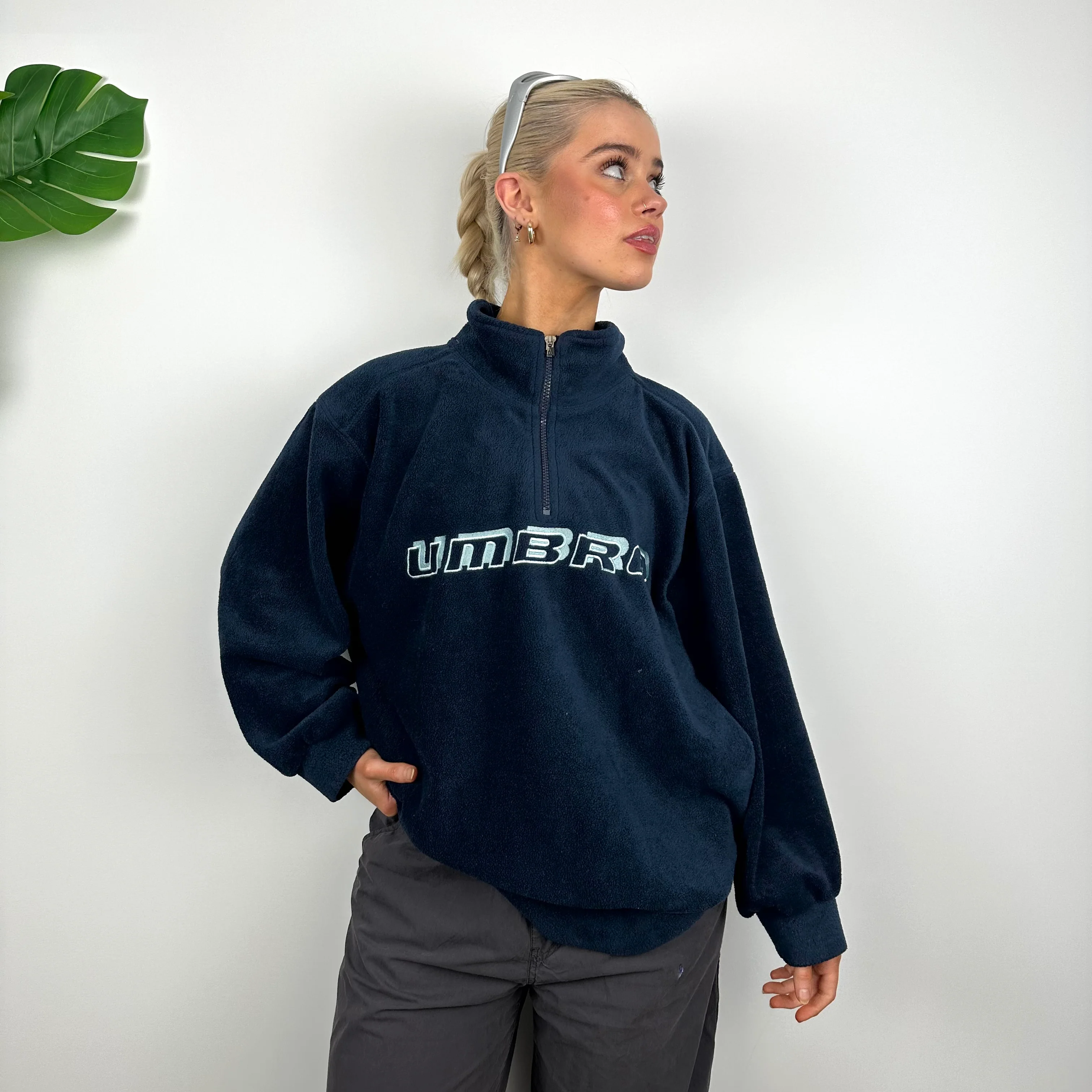 Umbro Navy Embroidered Spell Out Teddy Bear Fleece Quarter Zip Sweatshirt (L) - Image 4
