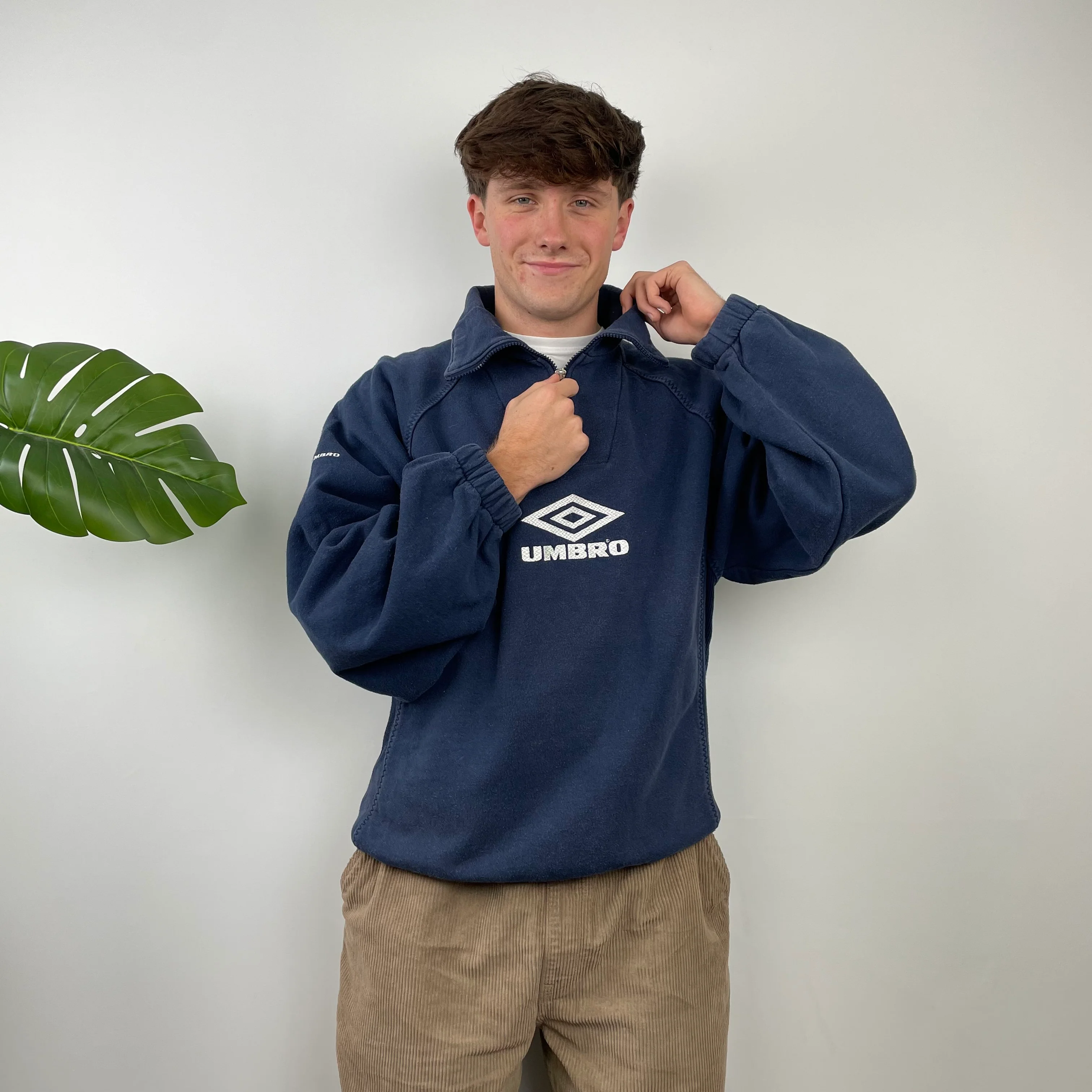 Umbro RARE Navy Embroidered Spell Out Quarter Zip Sweatshirt (L) - Image 2