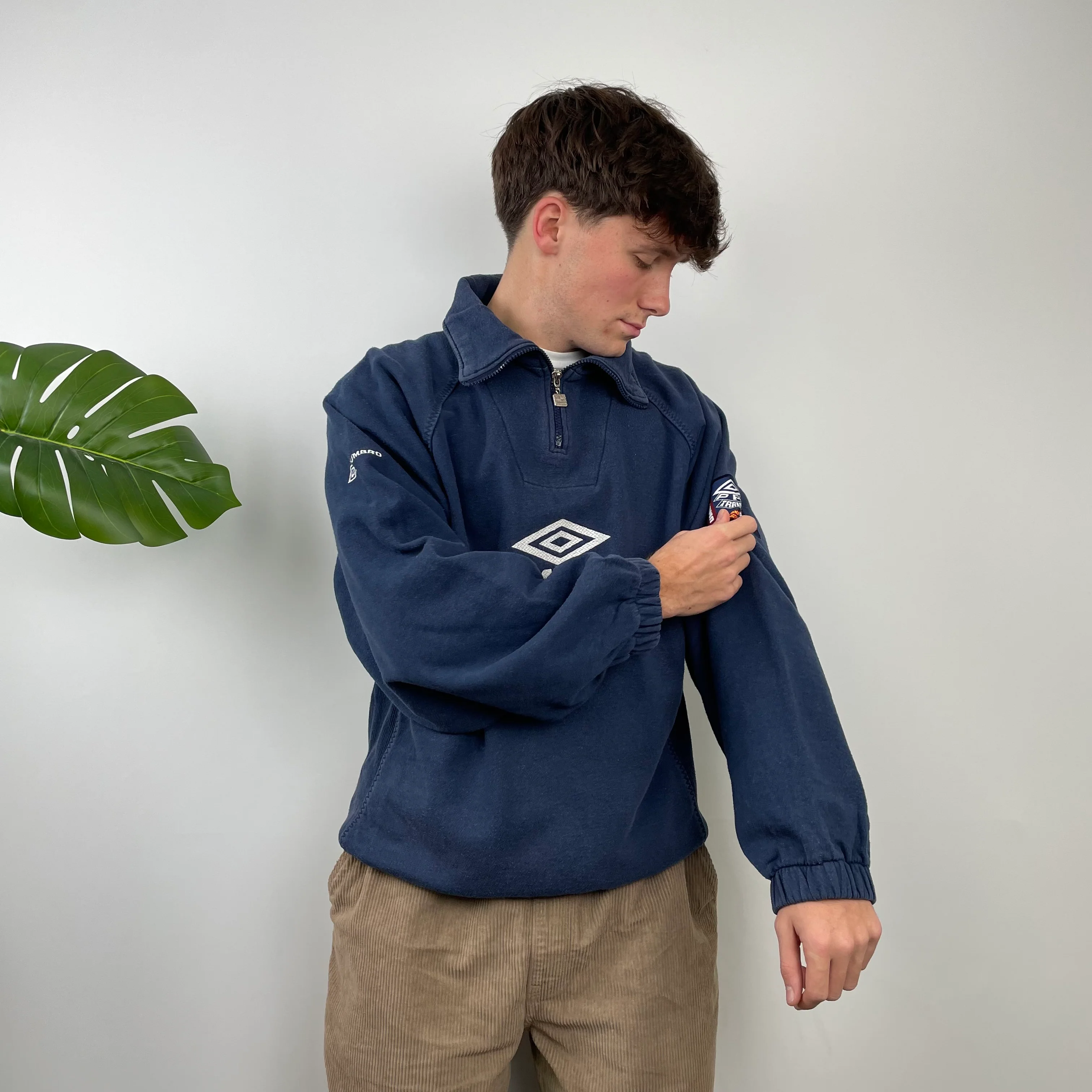 Umbro RARE Navy Embroidered Spell Out Quarter Zip Sweatshirt (L) - Image 5