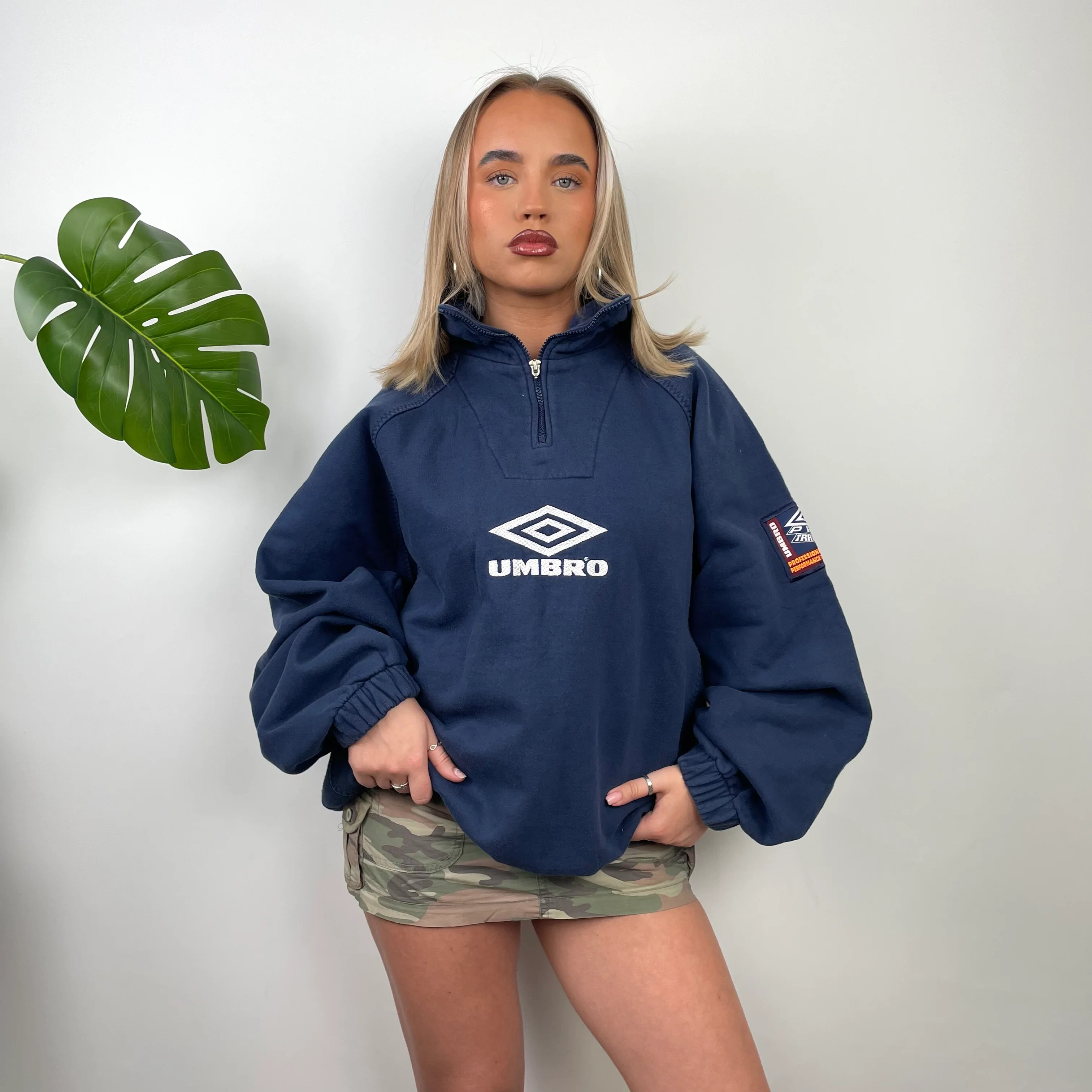 Umbro RARE Navy Embroidered Spell Out Quarter Zip Sweatshirt (L) - Image 2