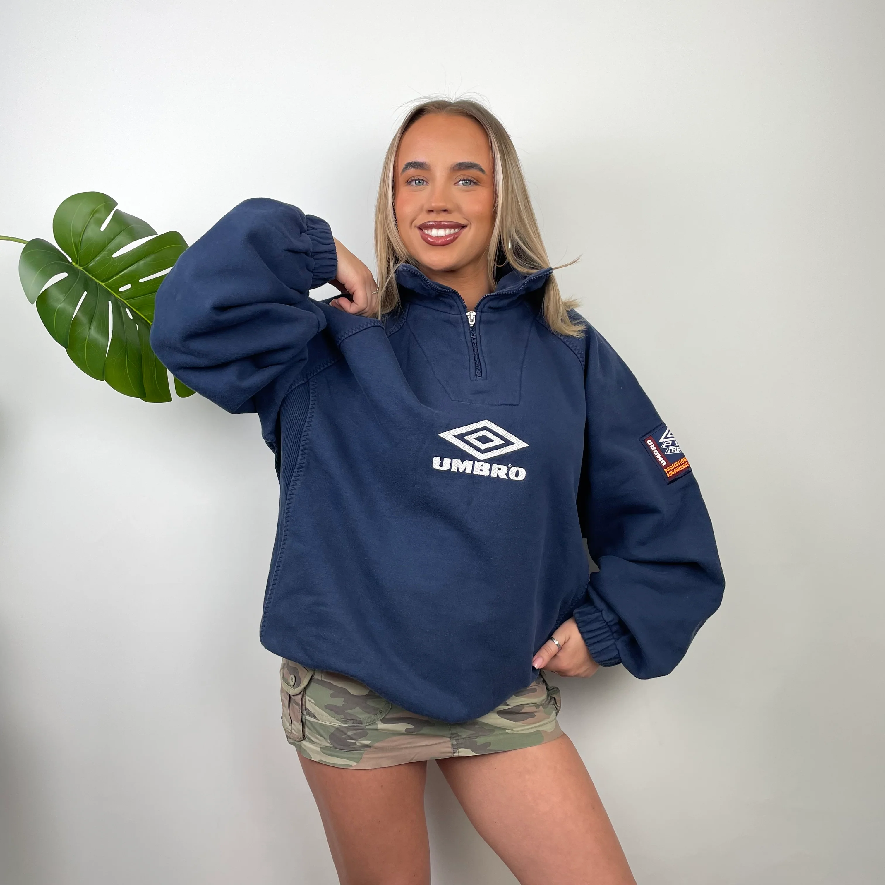 Umbro RARE Navy Embroidered Spell Out Quarter Zip Sweatshirt (L) - Image 6