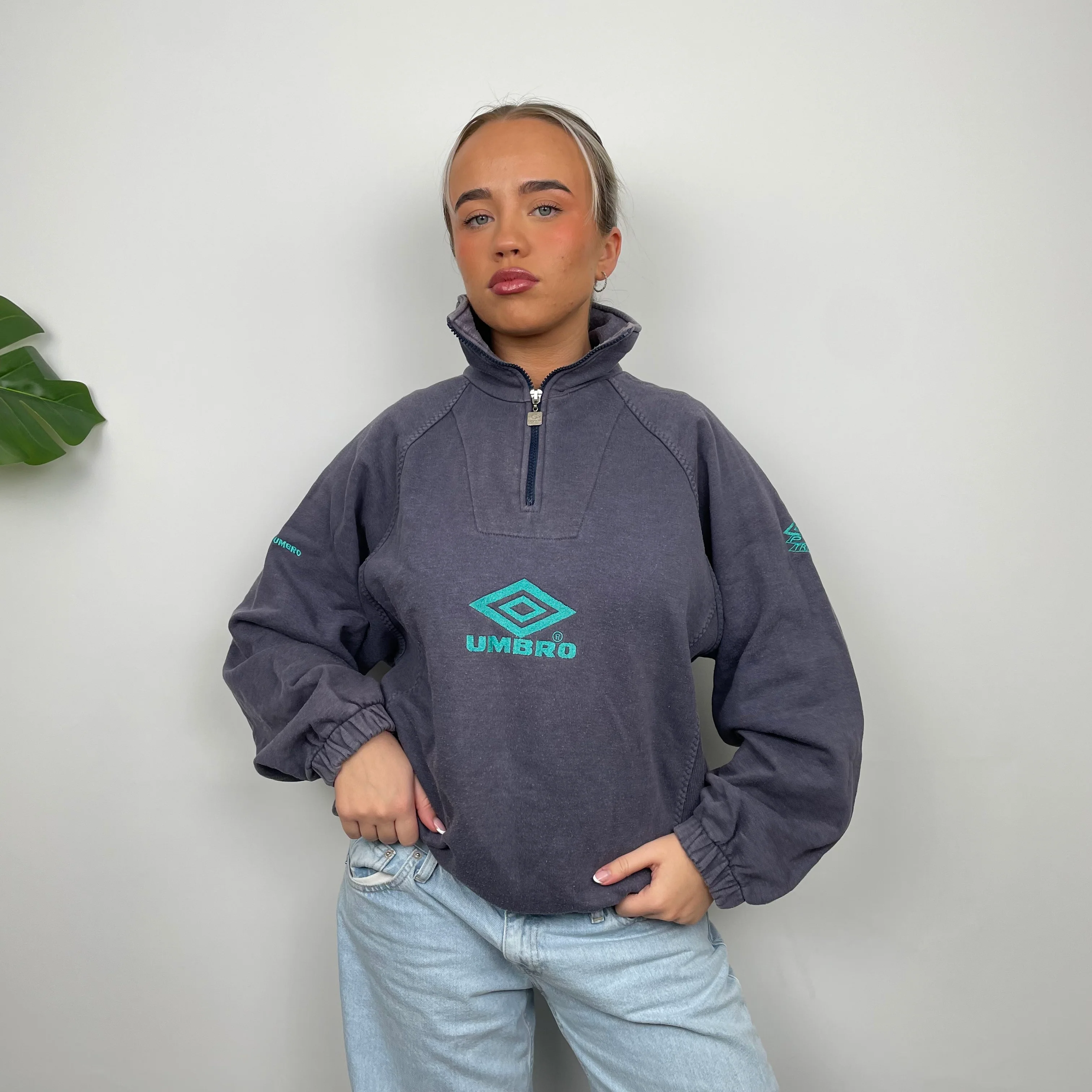 Umbro RARE Navy Embroidered Spell Out Quarter Zip Sweatshirt (L) - Image 4