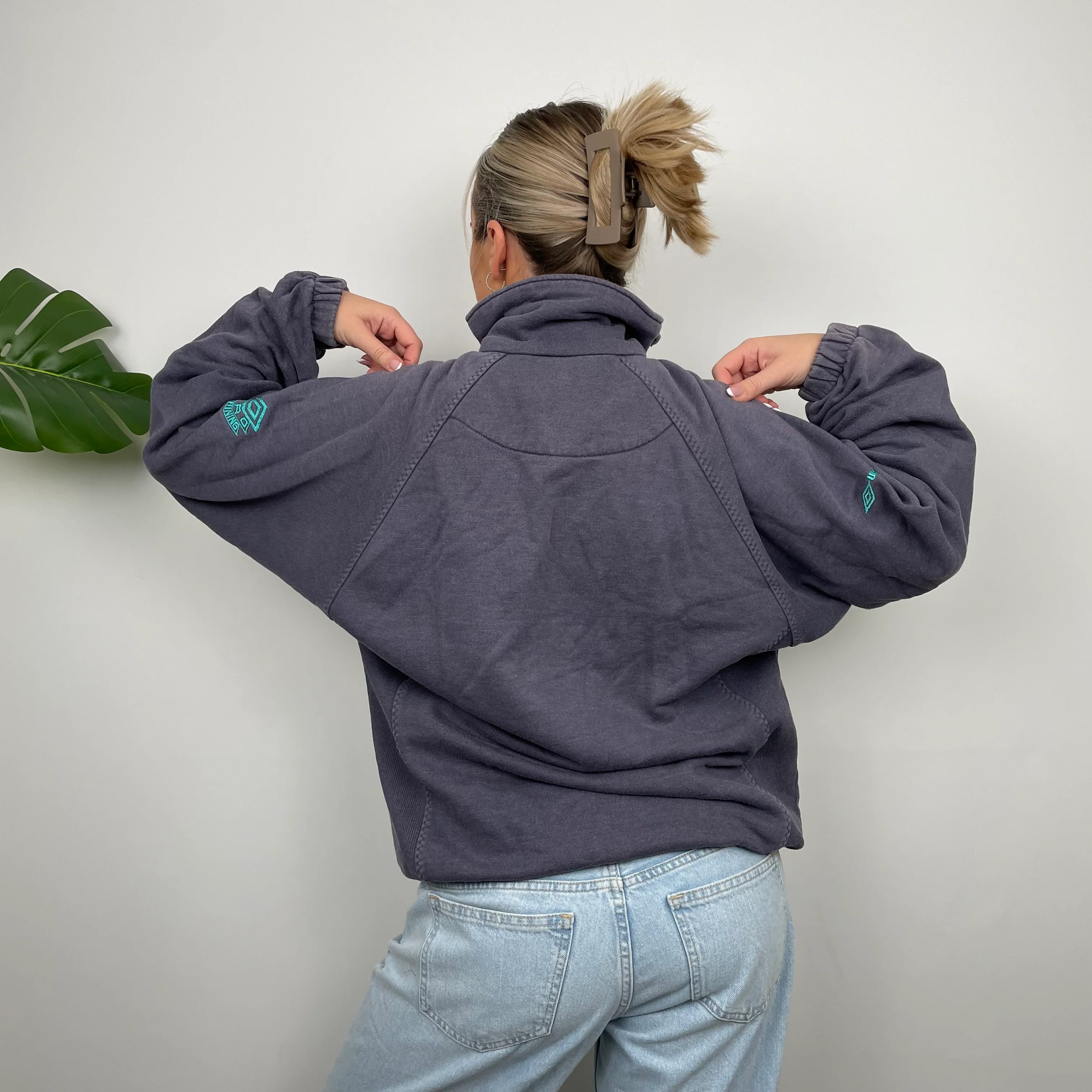 Umbro RARE Navy Embroidered Spell Out Quarter Zip Sweatshirt (L) - Image 7
