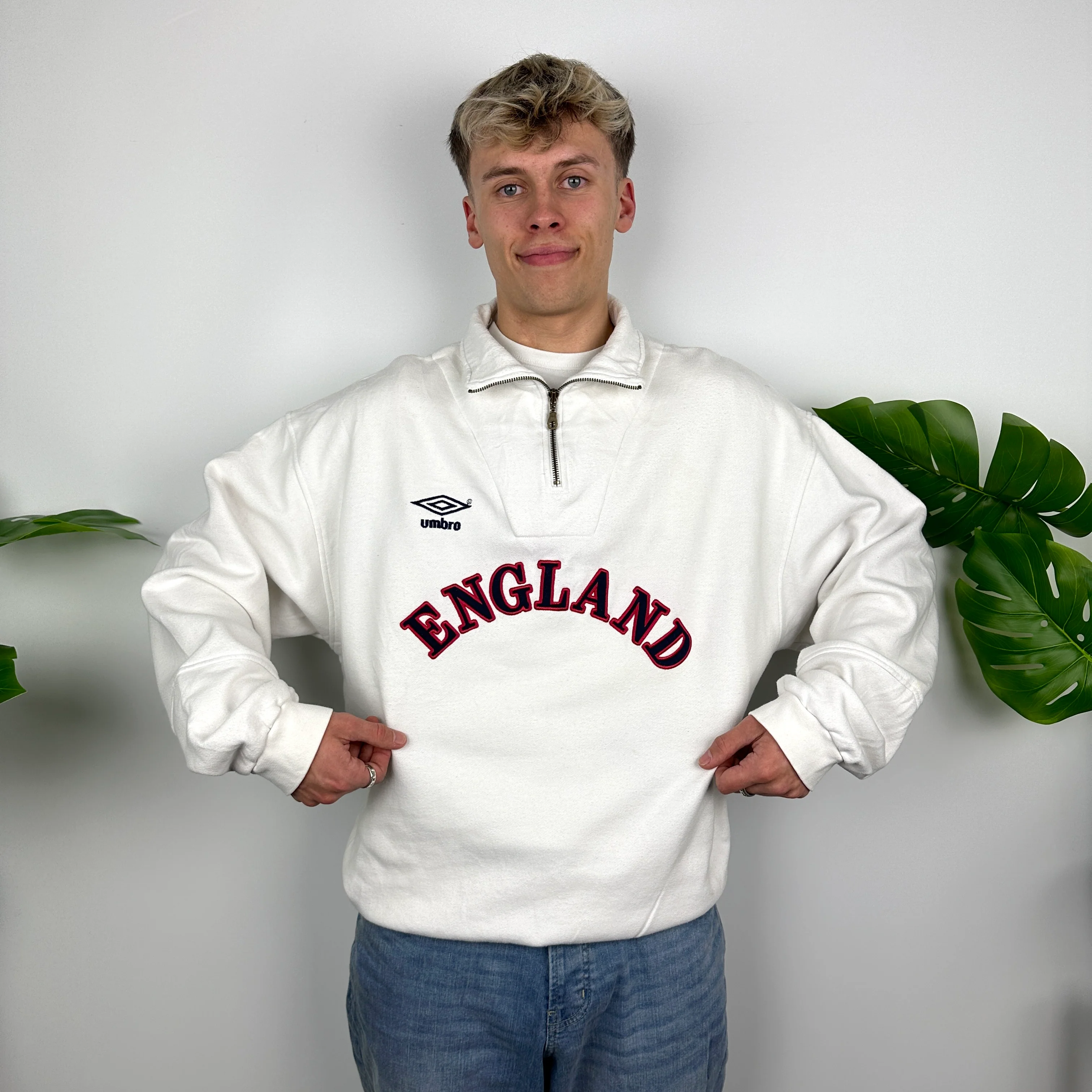 Umbro X England RARE White Embroidered Spell Out Quarter Zip Sweatshirt (XL) - Image 4