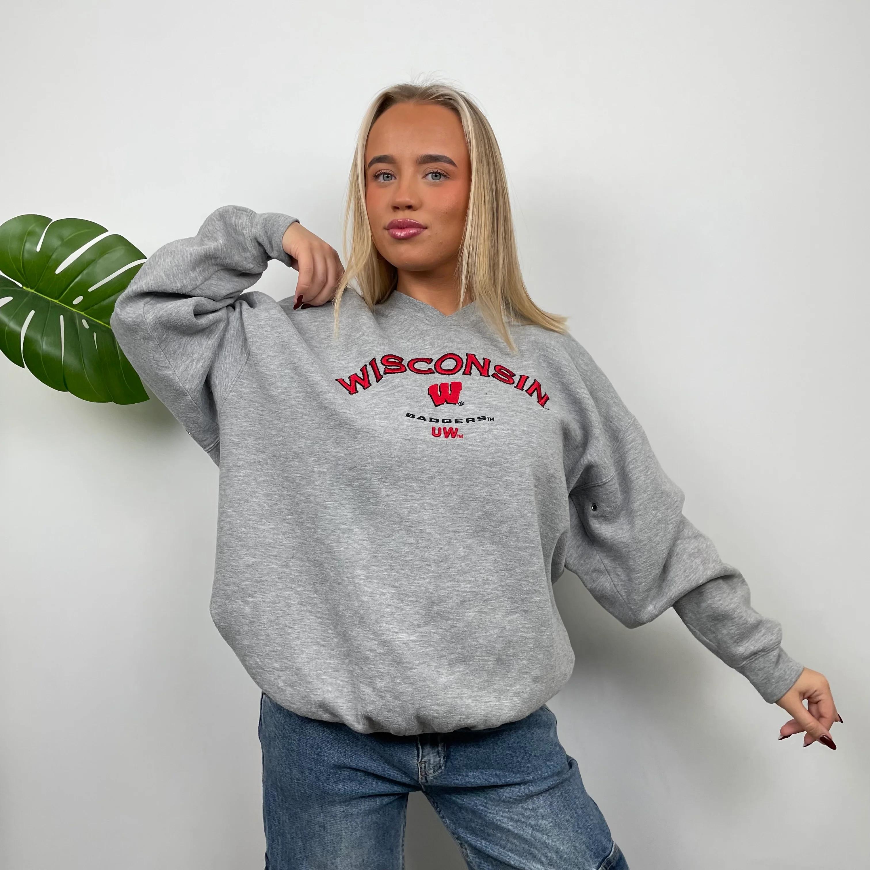 Wisconsin Badgers USA College Grey Embroidered Spell Out Sweatshirt (M) - Image 2